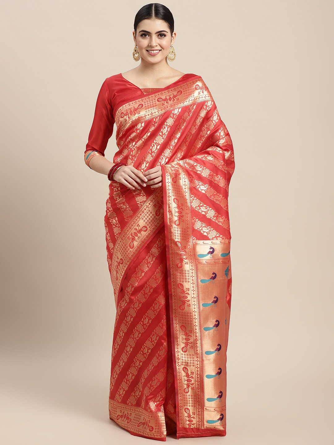 

VAIRAGEE Ethnic Motifs Woven Design Zari Banarasi Saree, Red