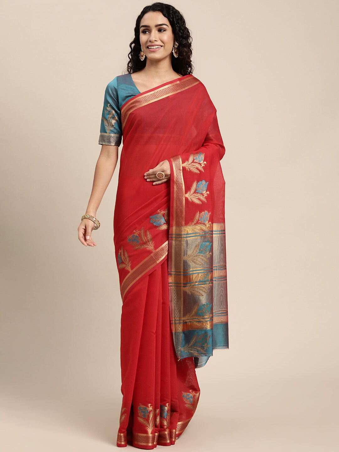 

VAIRAGEE Woven Border Zari Saree, Red