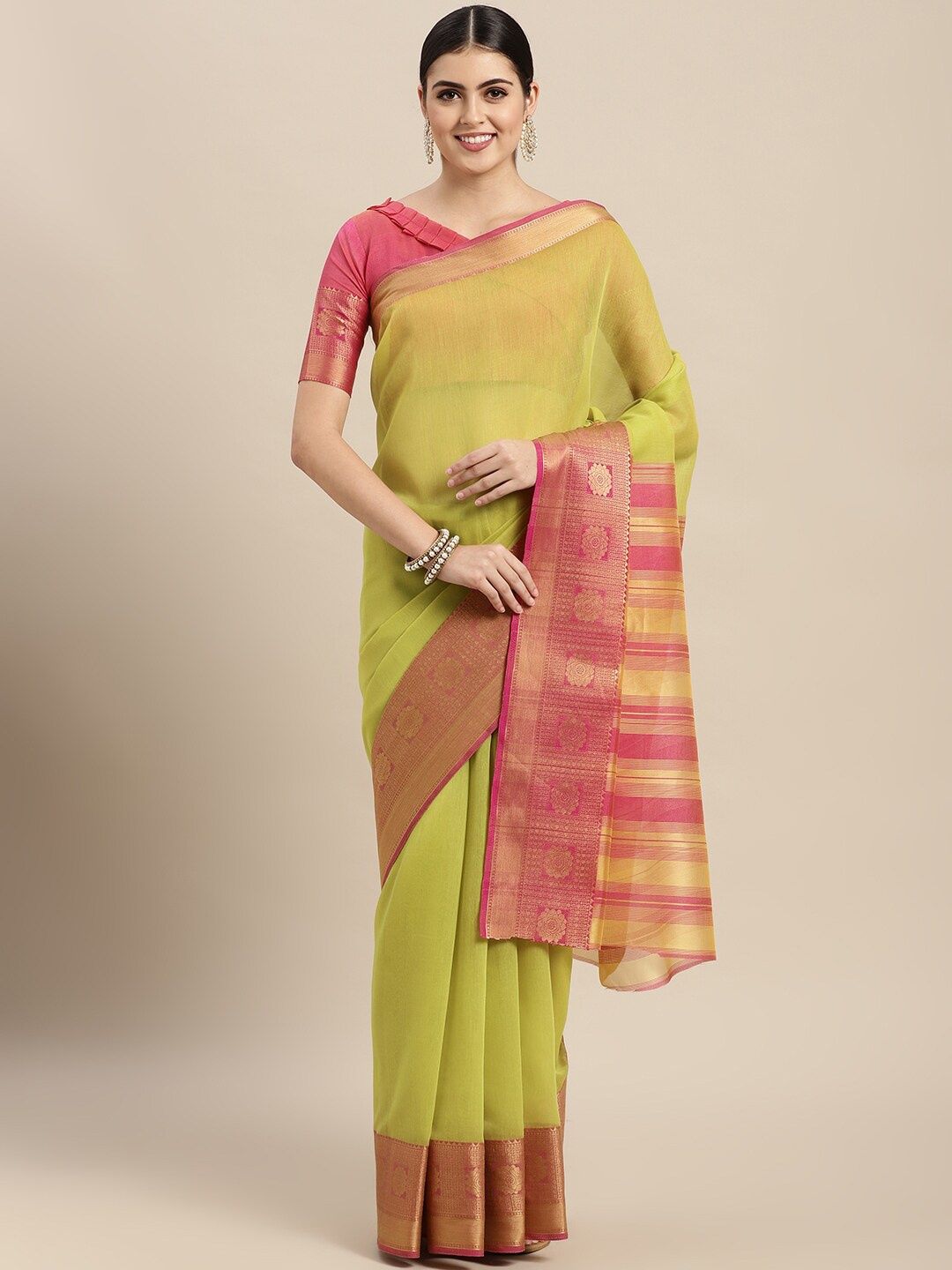 

VAIRAGEE Woven Border Zari Saree, Green