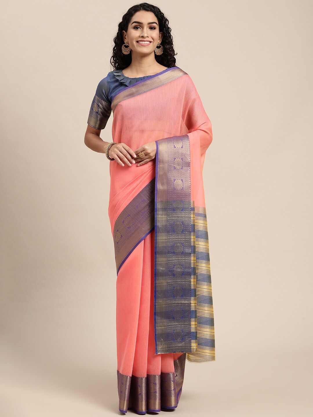 

VAIRAGEE Woven Border Zari Saree, Peach