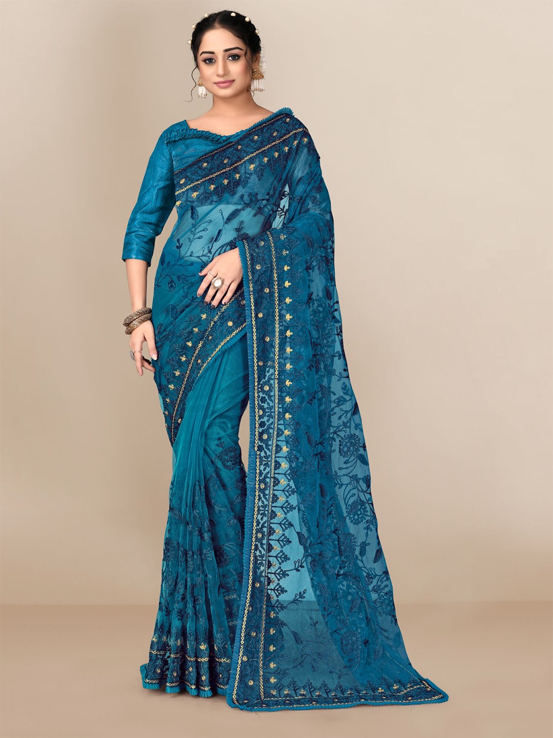 

VAIRAGEE Floral Embroidered Net Saree, Turquoise blue