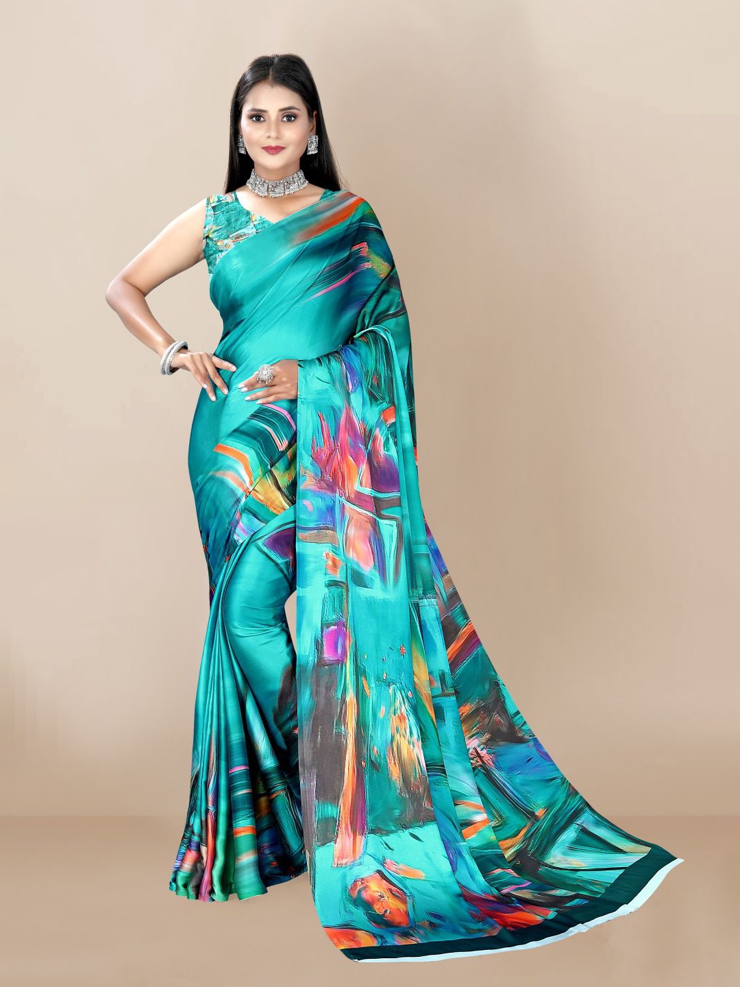 

VAIRAGEE Printed Silk Blend Saree, Teal