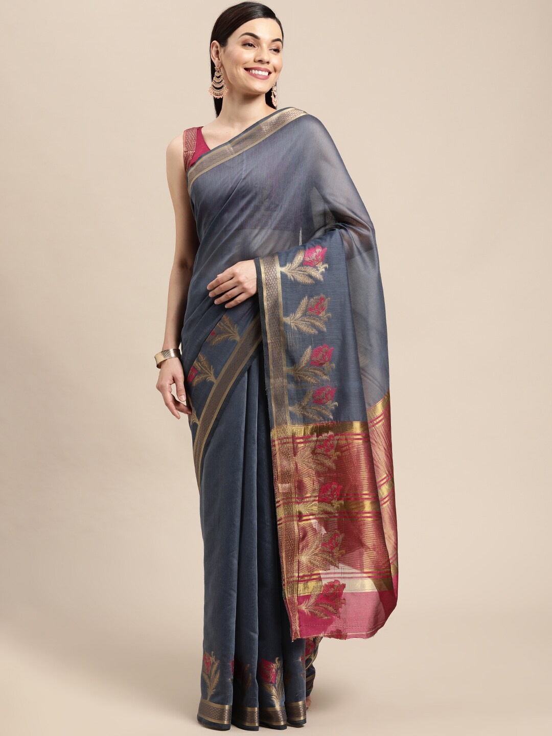 

VAIRAGEE Woven Border Zari Saree, Grey