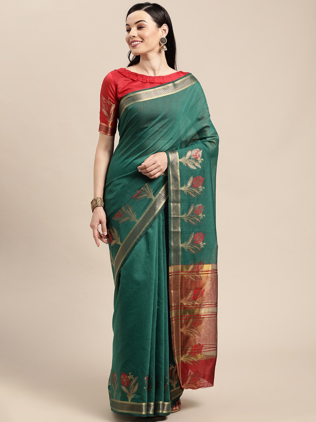 

VAIRAGEE Woven Border Zari Saree, Green