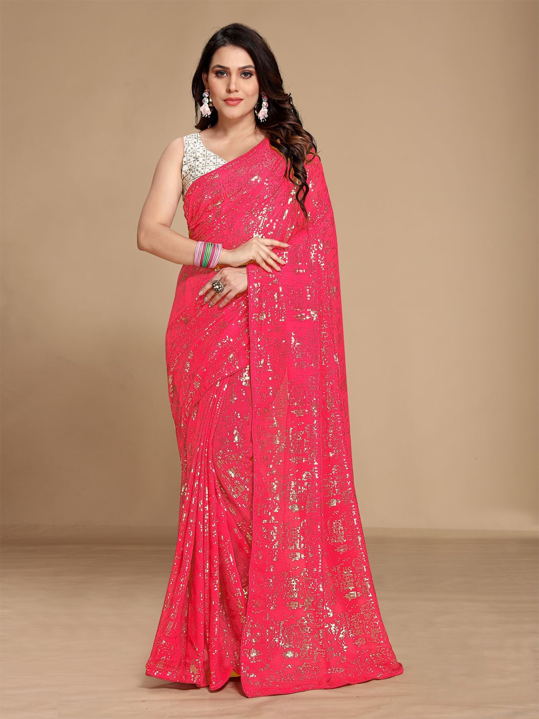 

VAIRAGEE Sequinned Embellished Pure Georgette Saree, Pink