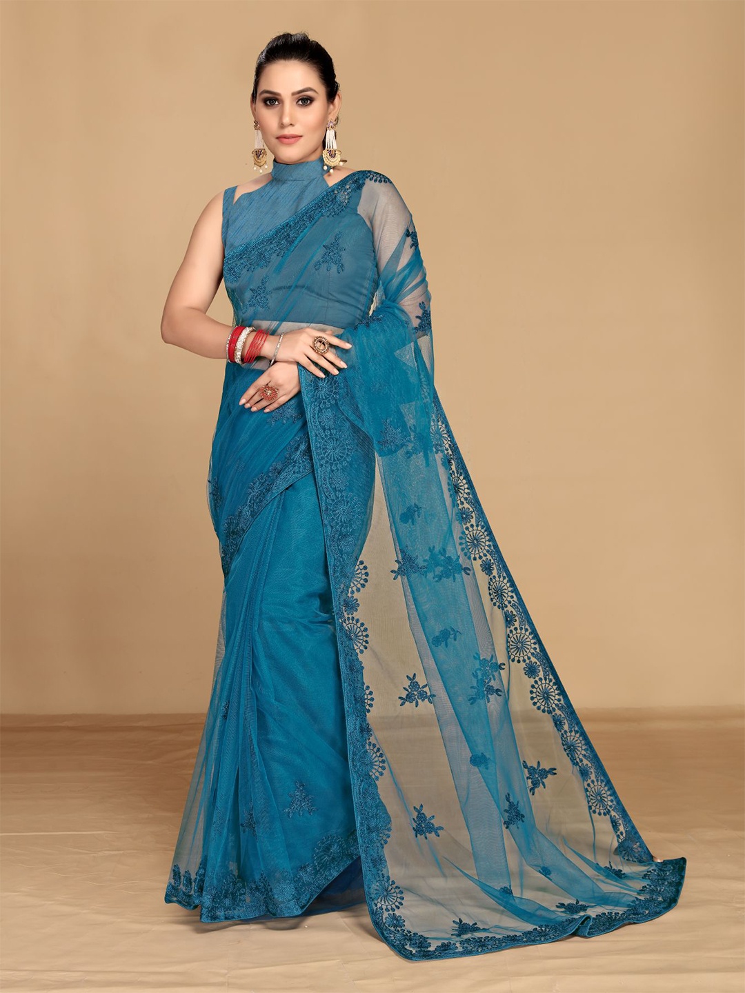

VAIRAGEE Floral Embroidered Net Saree, Teal