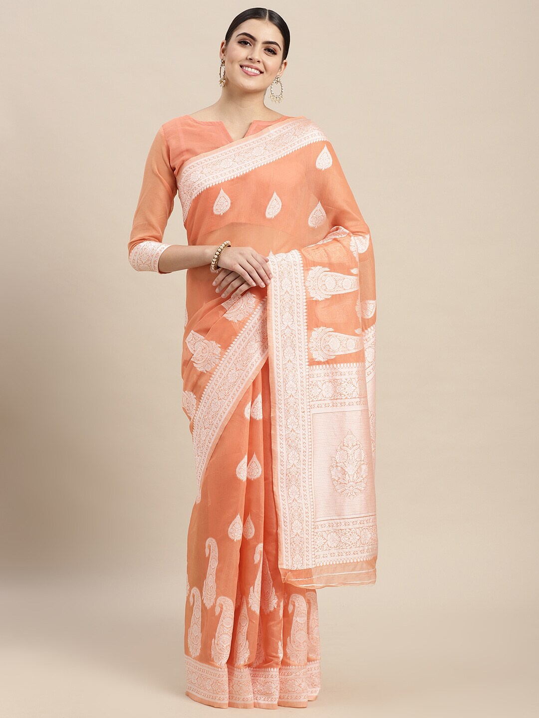 

VAIRAGEE Ethnic Motifs Woven Design Zari Chanderi Saree, Orange