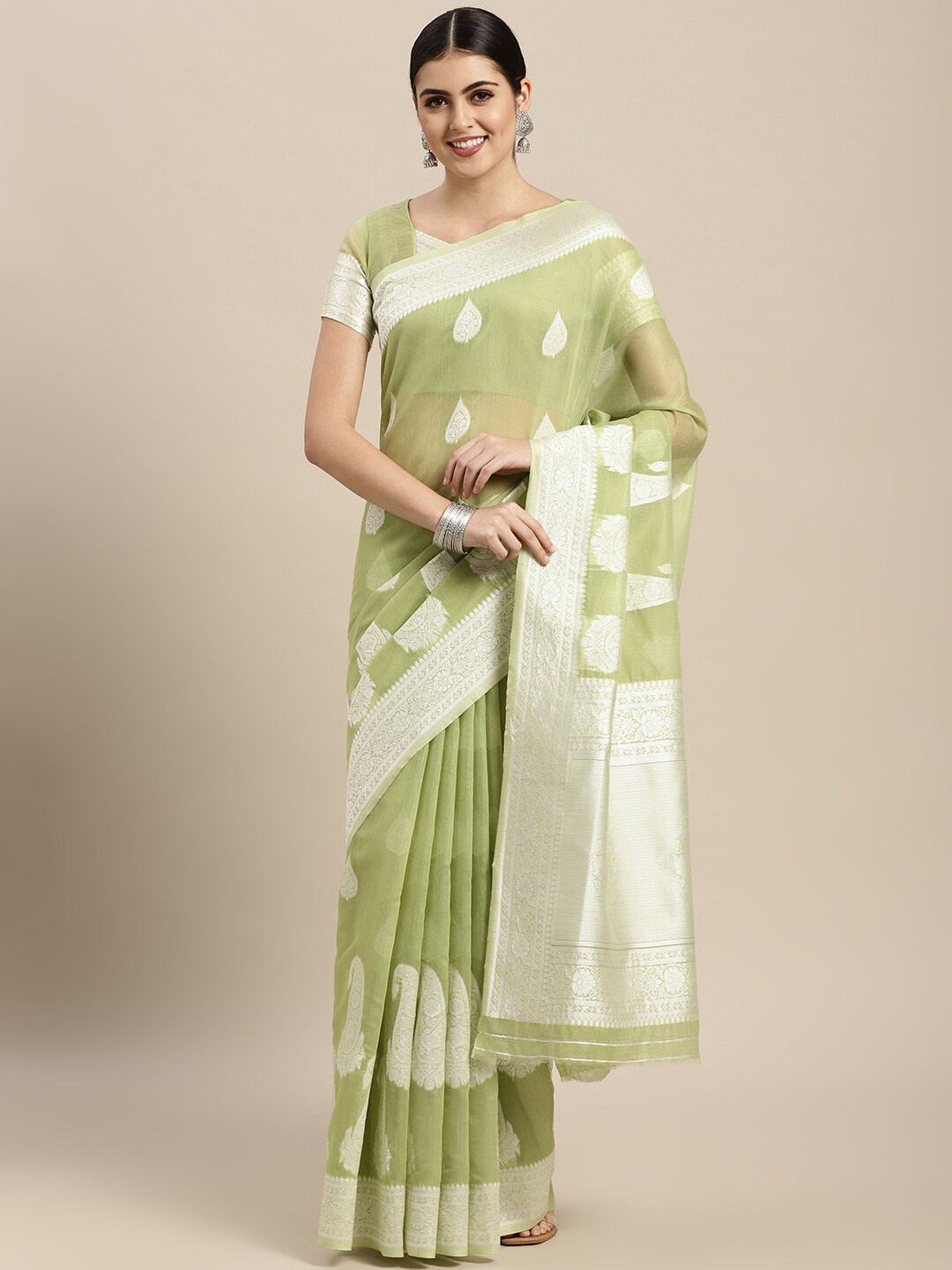 

VAIRAGEE Ethnic Motifs Woven Design Zari Chanderi Saree, Green