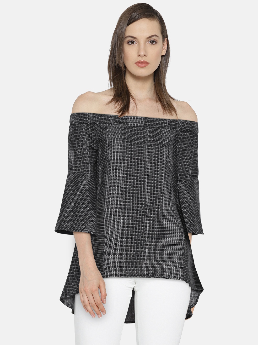 

Vero Moda Women Black Self-Design High-Low Bardot Top