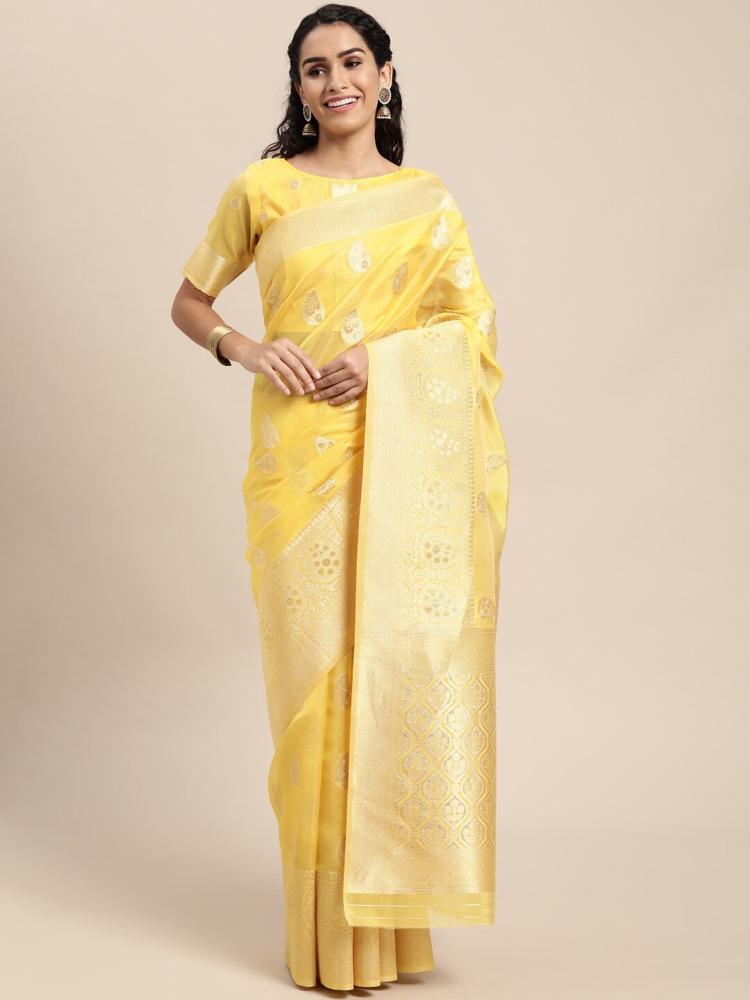 

VAIRAGEE Ethnic Motifs Woven Design Zari Banarasi Saree, Yellow