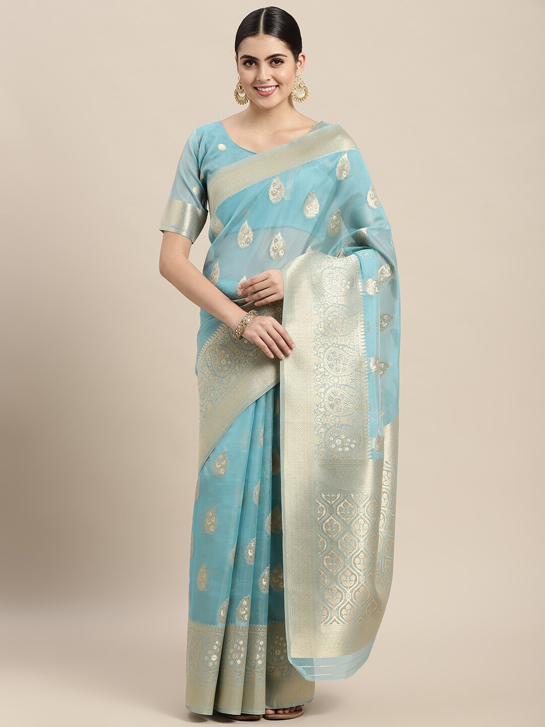 

VAIRAGEE Paisley Woven Design Zari Organza Banarasi Saree, Turquoise blue