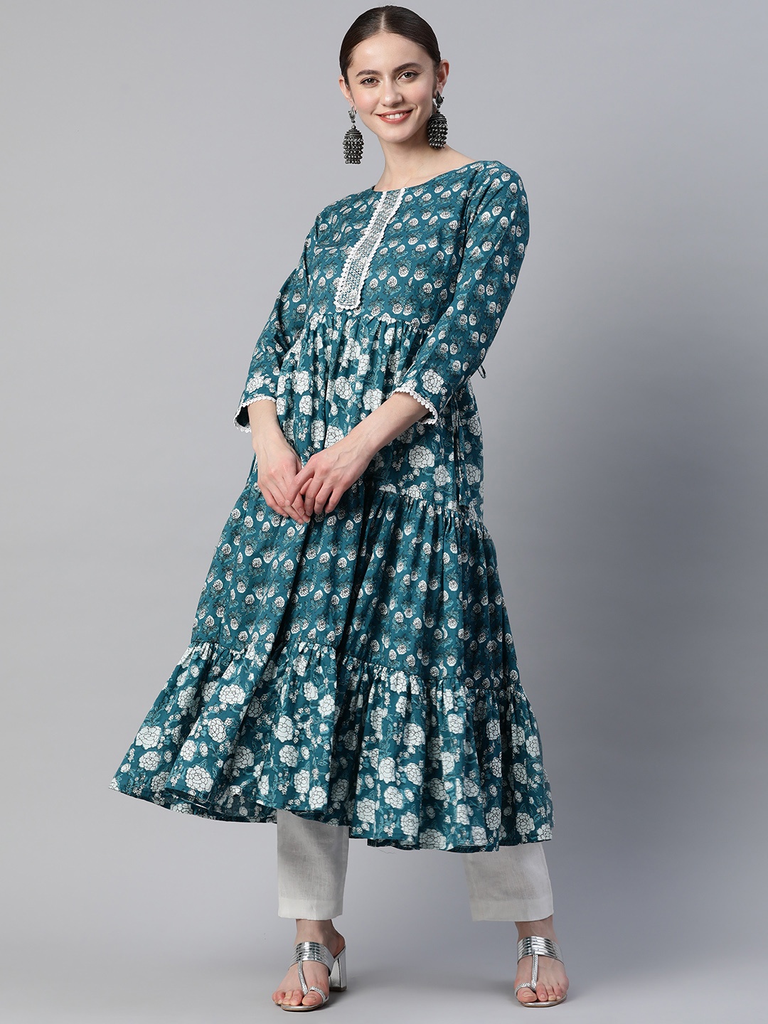 Vbuyz Floral Printed Anarkali Kurta With Sequinned Detail, Teal