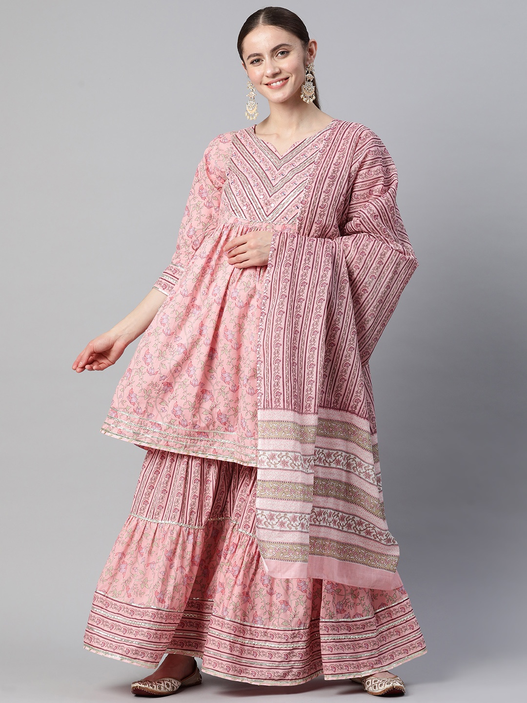 

Vbuyz Women Pink Floral Printed Gotta Patti Pure Cotton Kurta with Sharara & With Dupatta