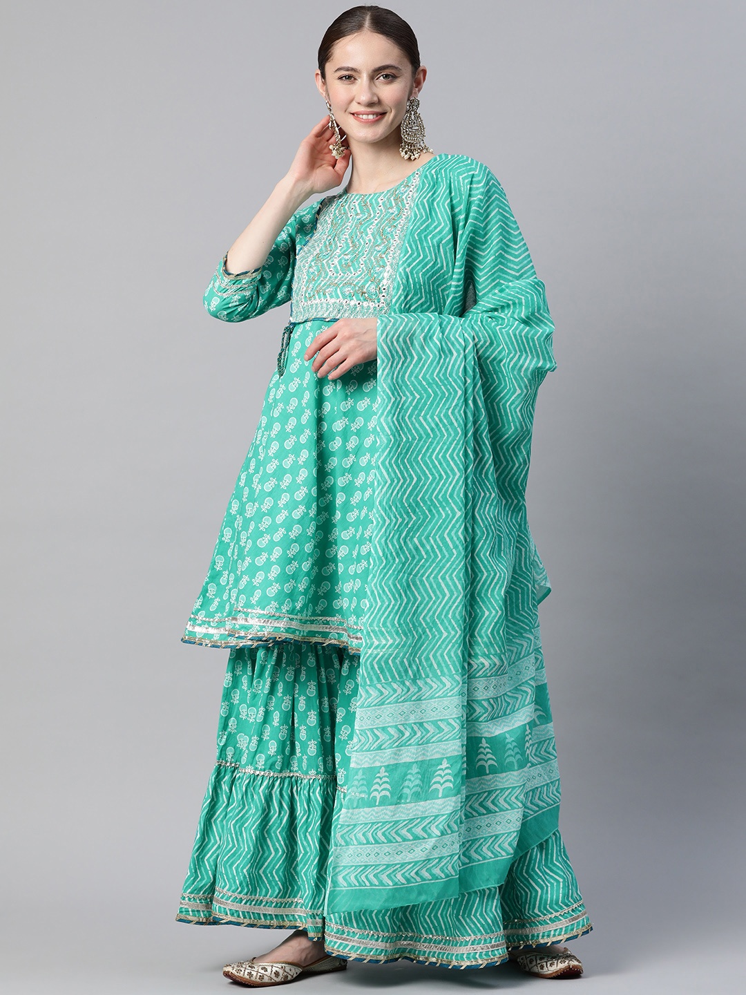 

Vbuyz Women Sea Green Floral Embroidered Mirror Work Pure Cotton Kurta with Sharara & With Dupatta