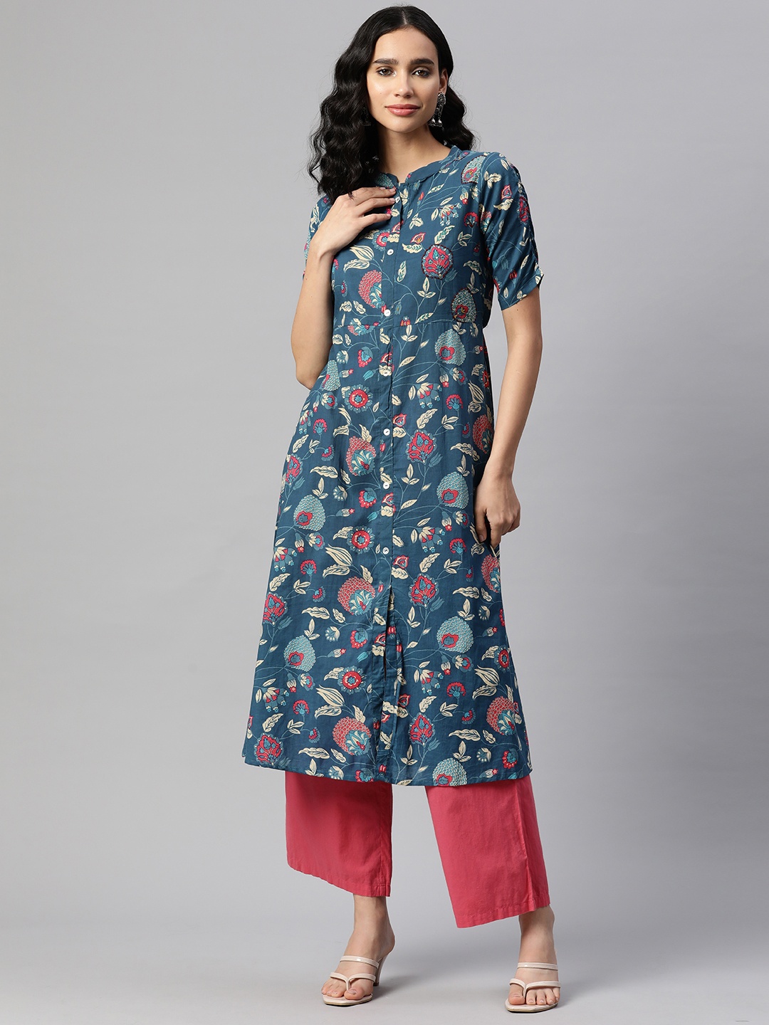 

Vbuyz Floral Printed A-Line Cotton Kurta, Teal