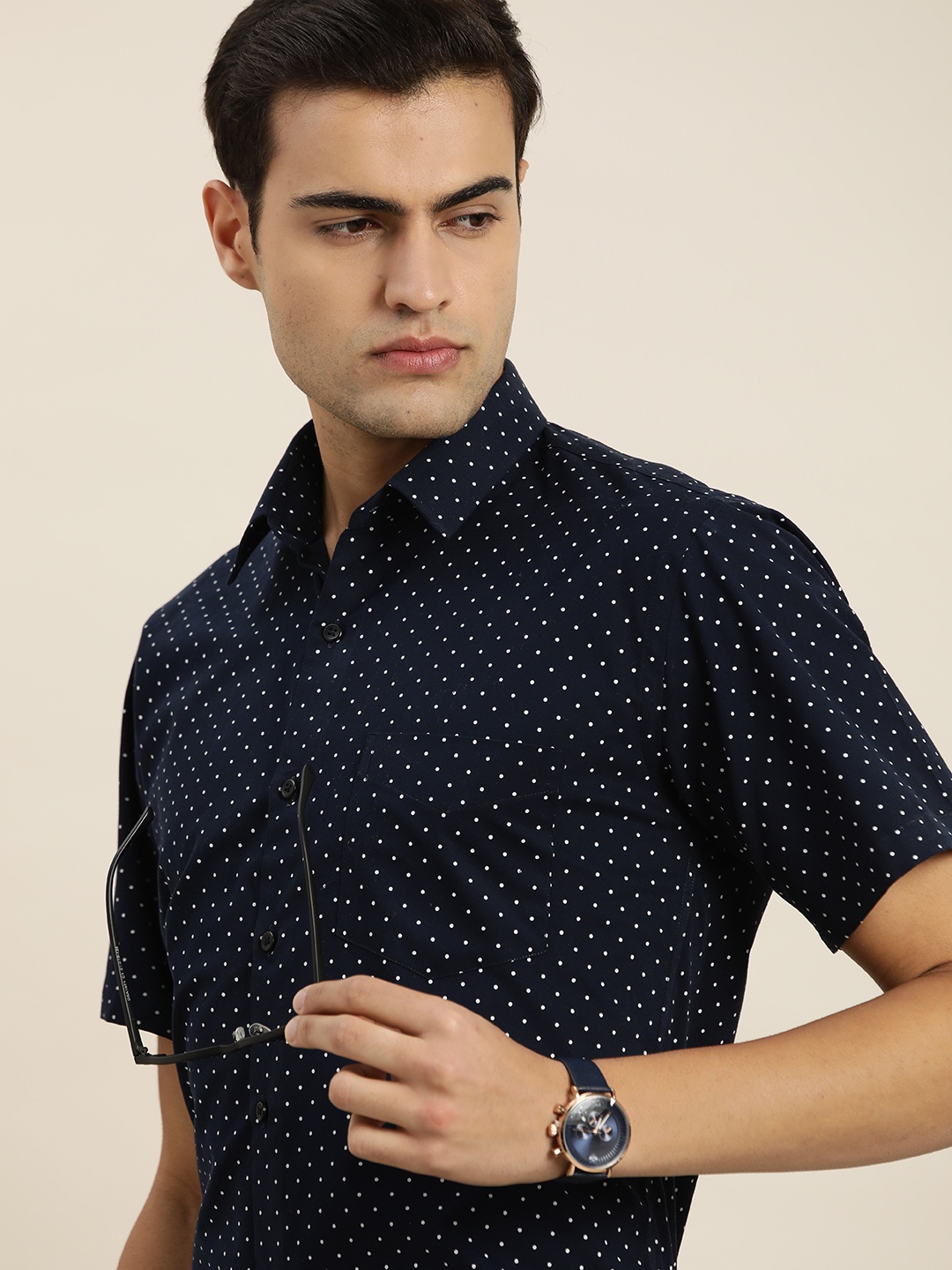 

Hancock Polka Dot Pure Cotton Slim Fit Short Sleeves Shirt, Navy blue