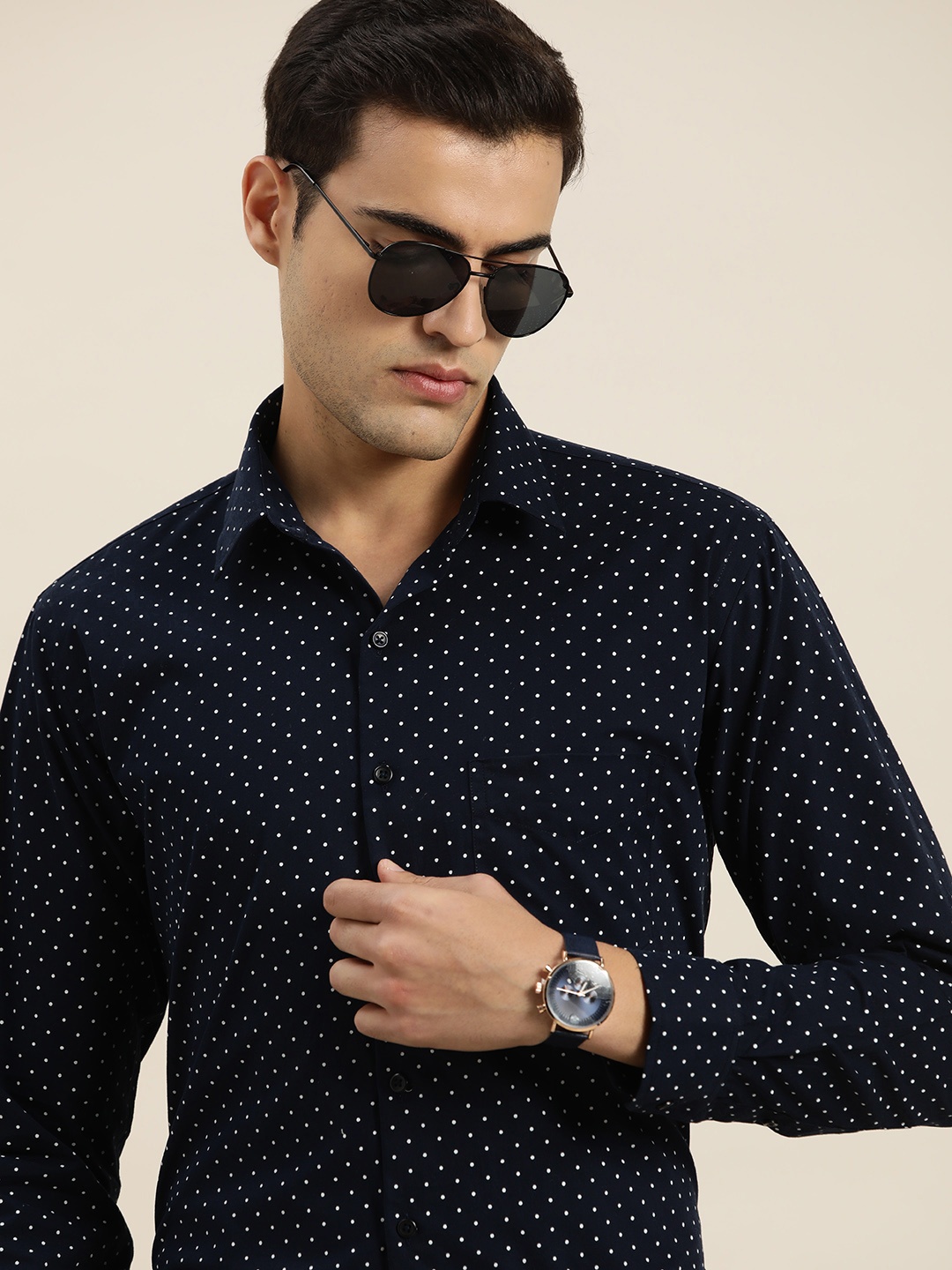 

Hancock Polka Dot Pure Cotton Slim Fit Party Shirt, Navy blue