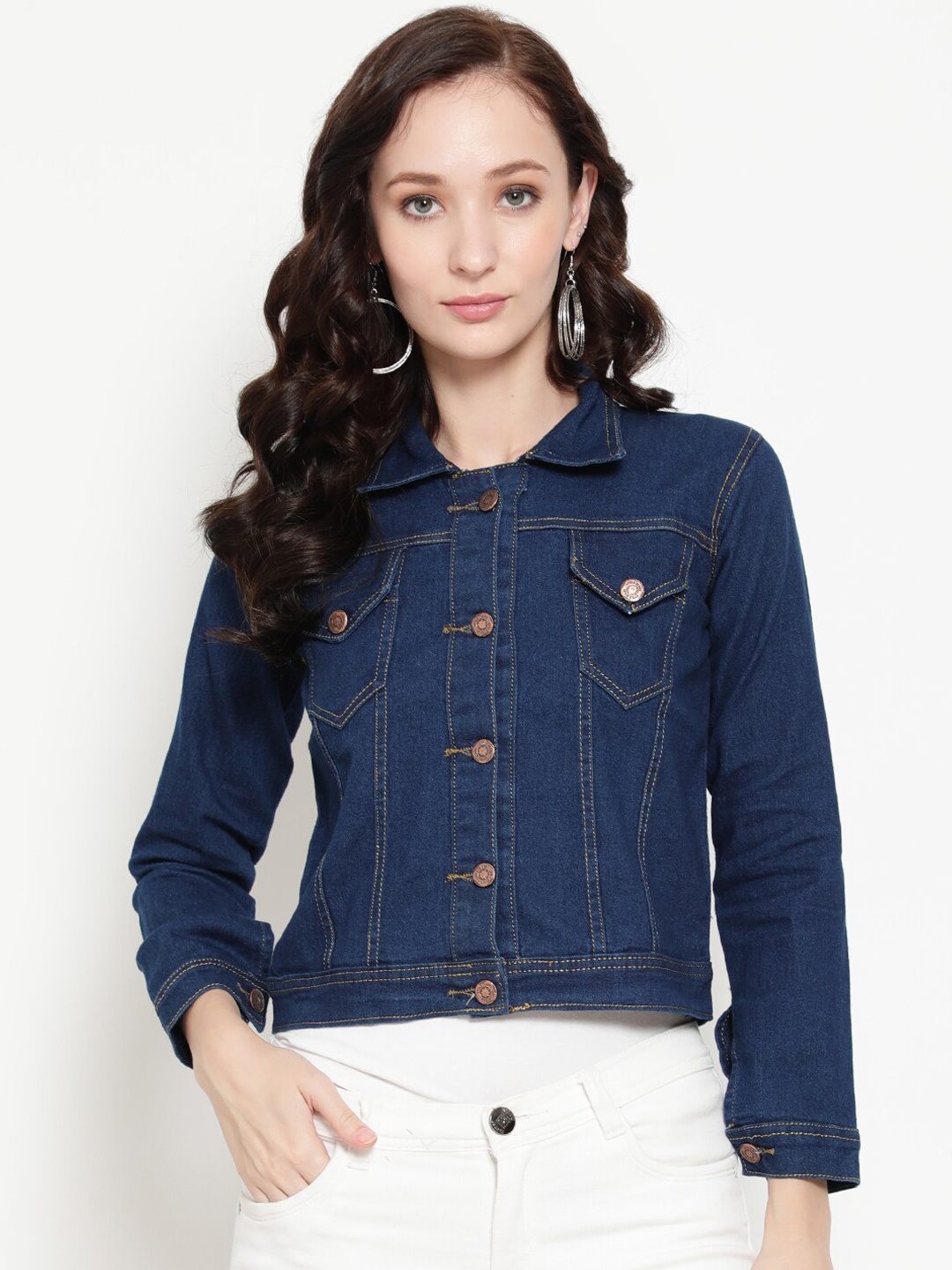 

AKIMIA Women Spread Collar Crop Denim Jacket, Blue