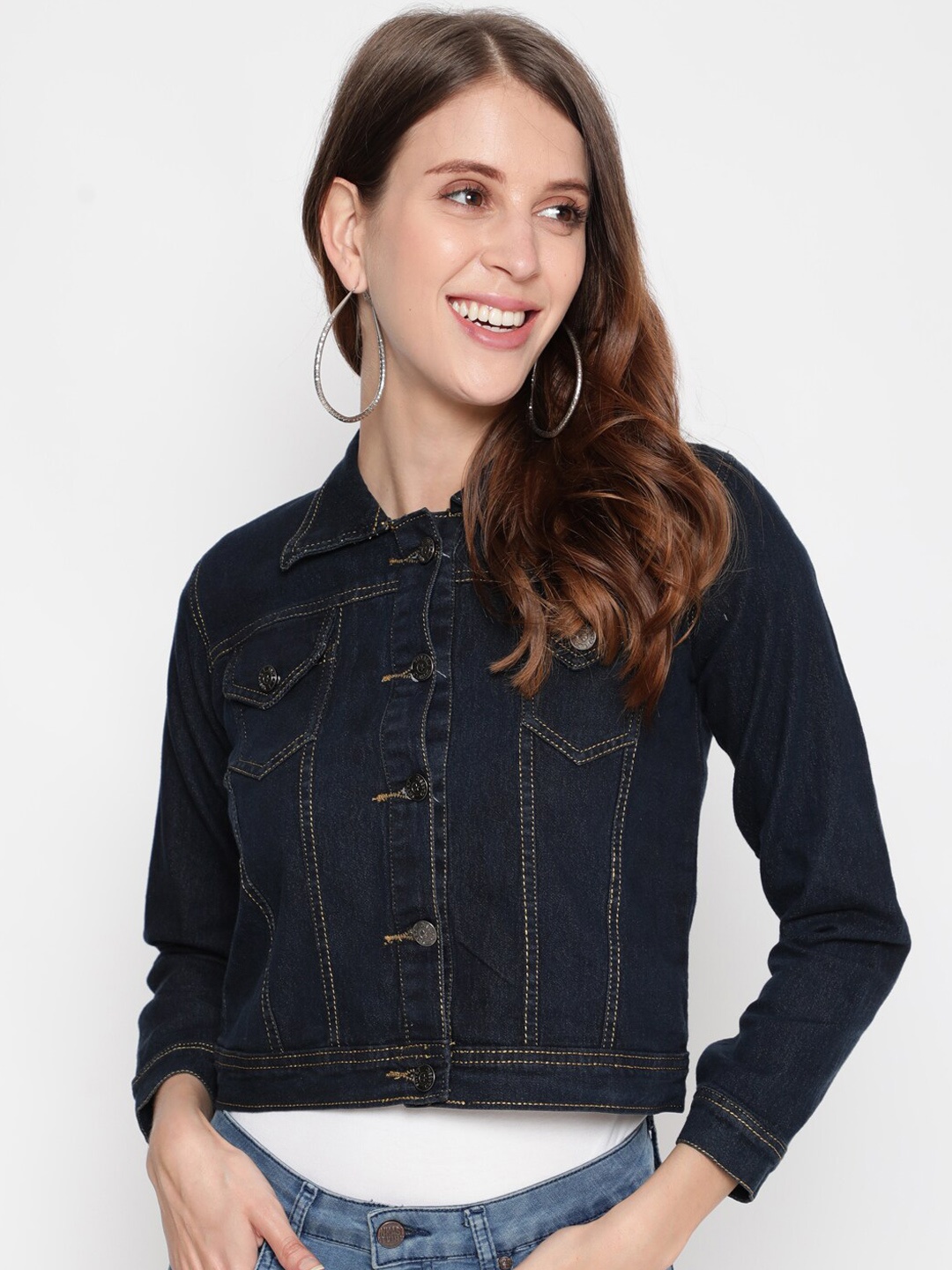 

AKIMIA Women Spread Collar Crop Denim Jacket, Black