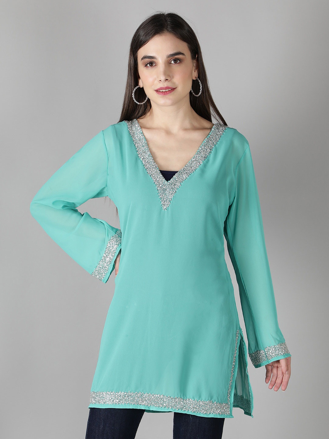 

DEBONATELLA V-Neck Georgette Longline Top, Turquoise blue