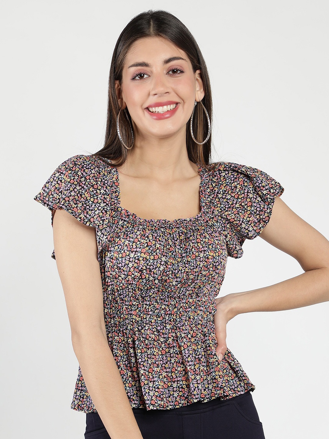 

DEBONATELLA Floral Printed Square Neck Smocked Cinched Waist Top, Black