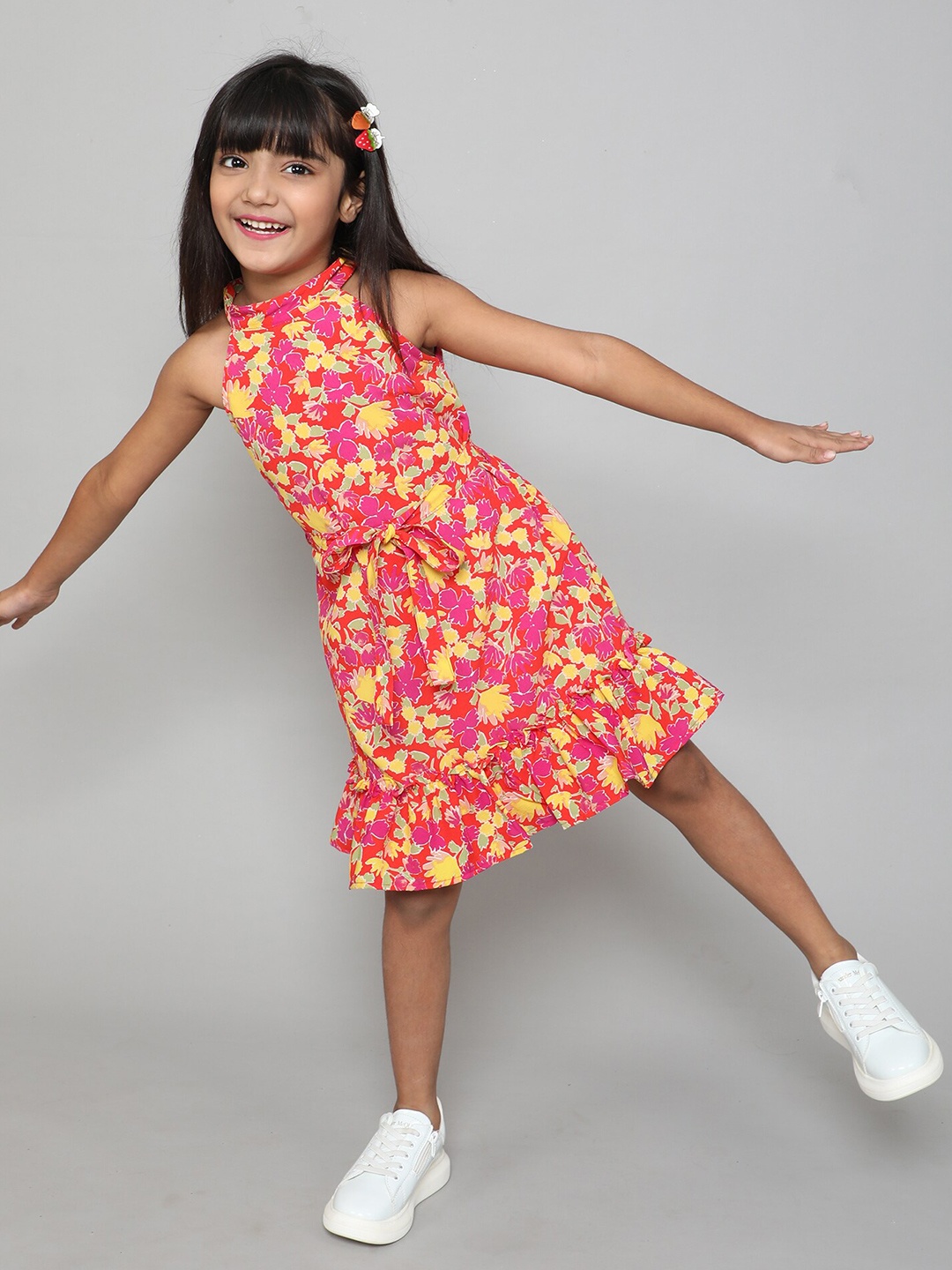 

taffykids Girls Halter Neck Floral Printed A-Line Dress, Pink