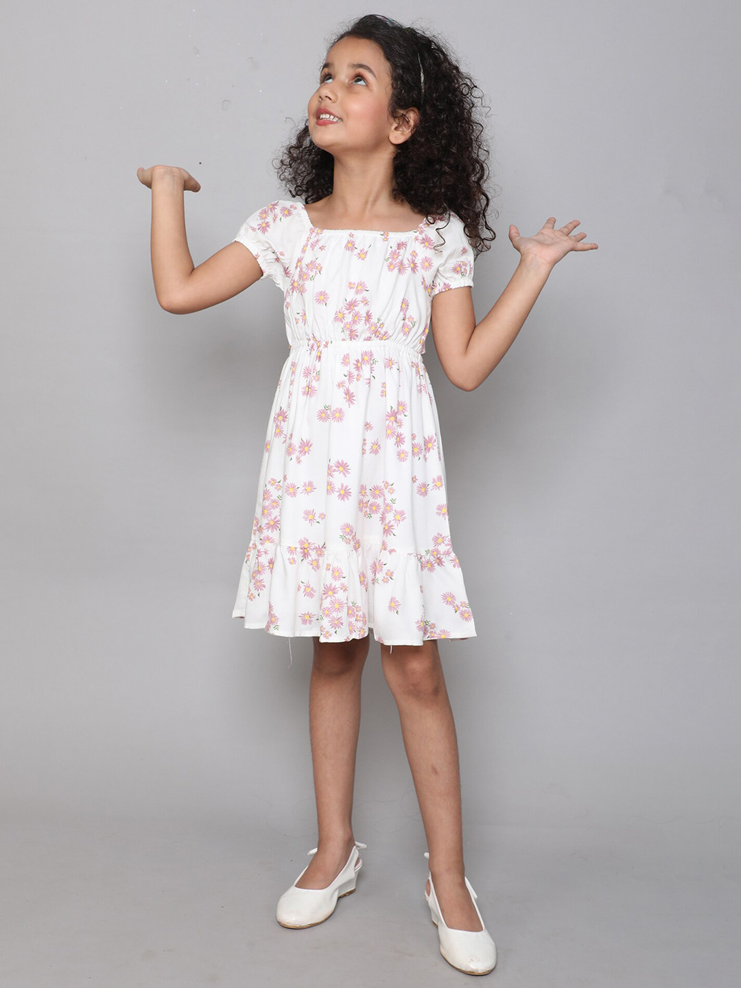 

taffykids Girls Floral Printed Square Neck Dress, White