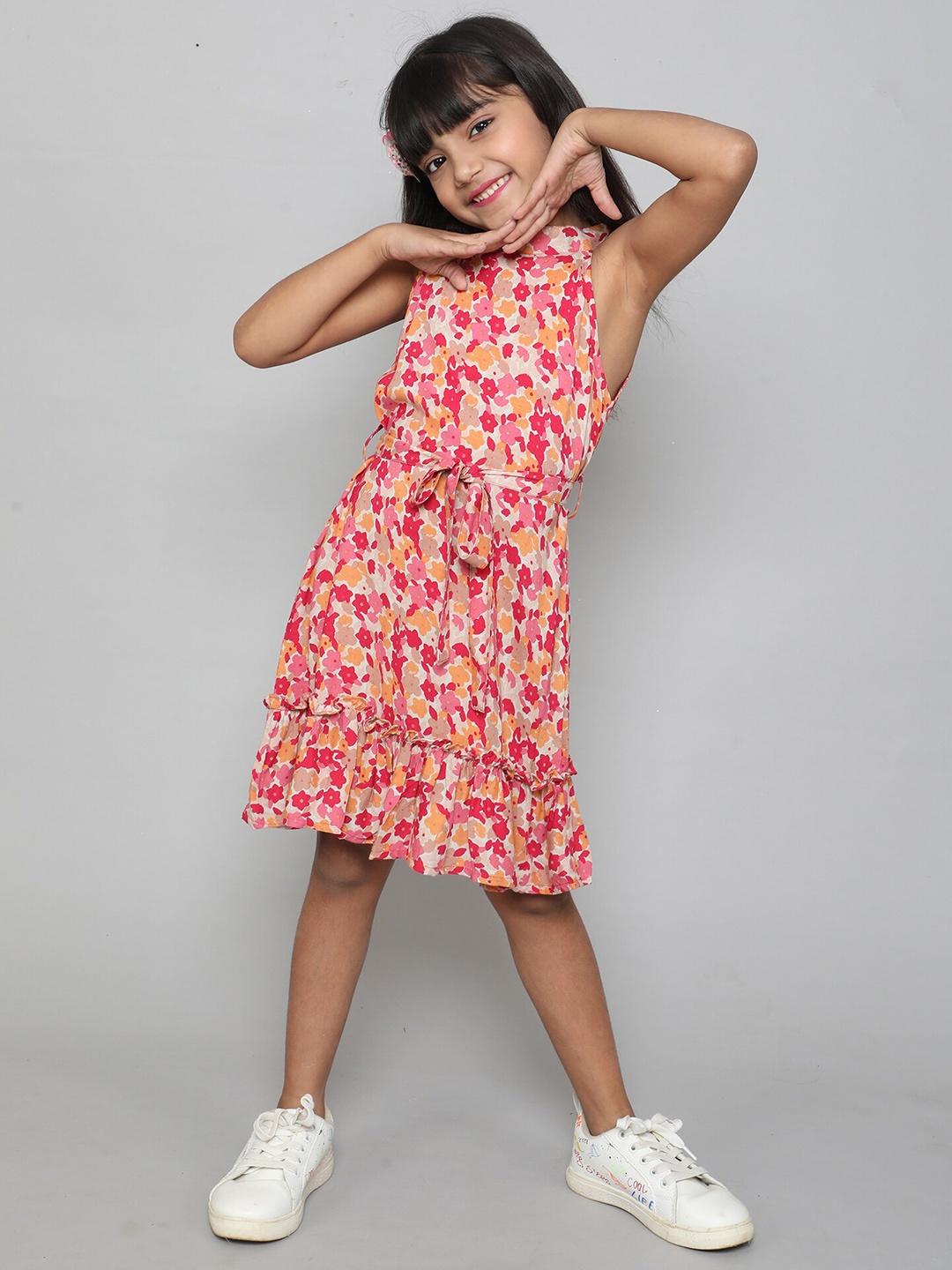 

taffykids Girls Floral Printed Halter Neck Belted Dress, Pink