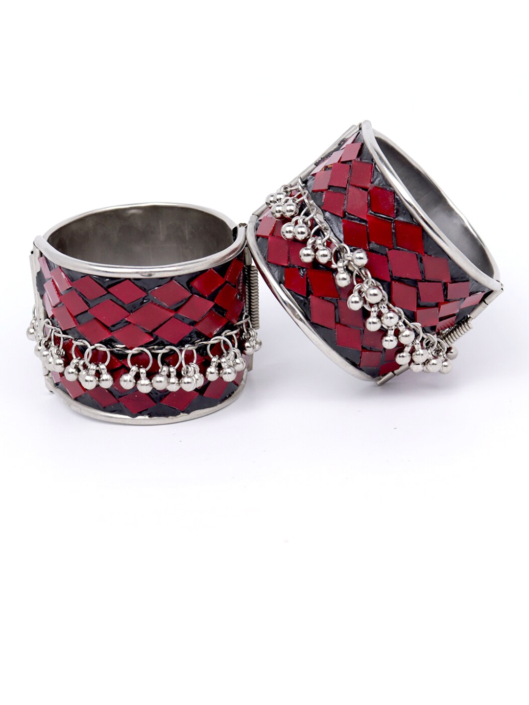 

VAGHBHATT Set Of 2 Silver-Plated Oxidised Cuff Bracelets, Red
