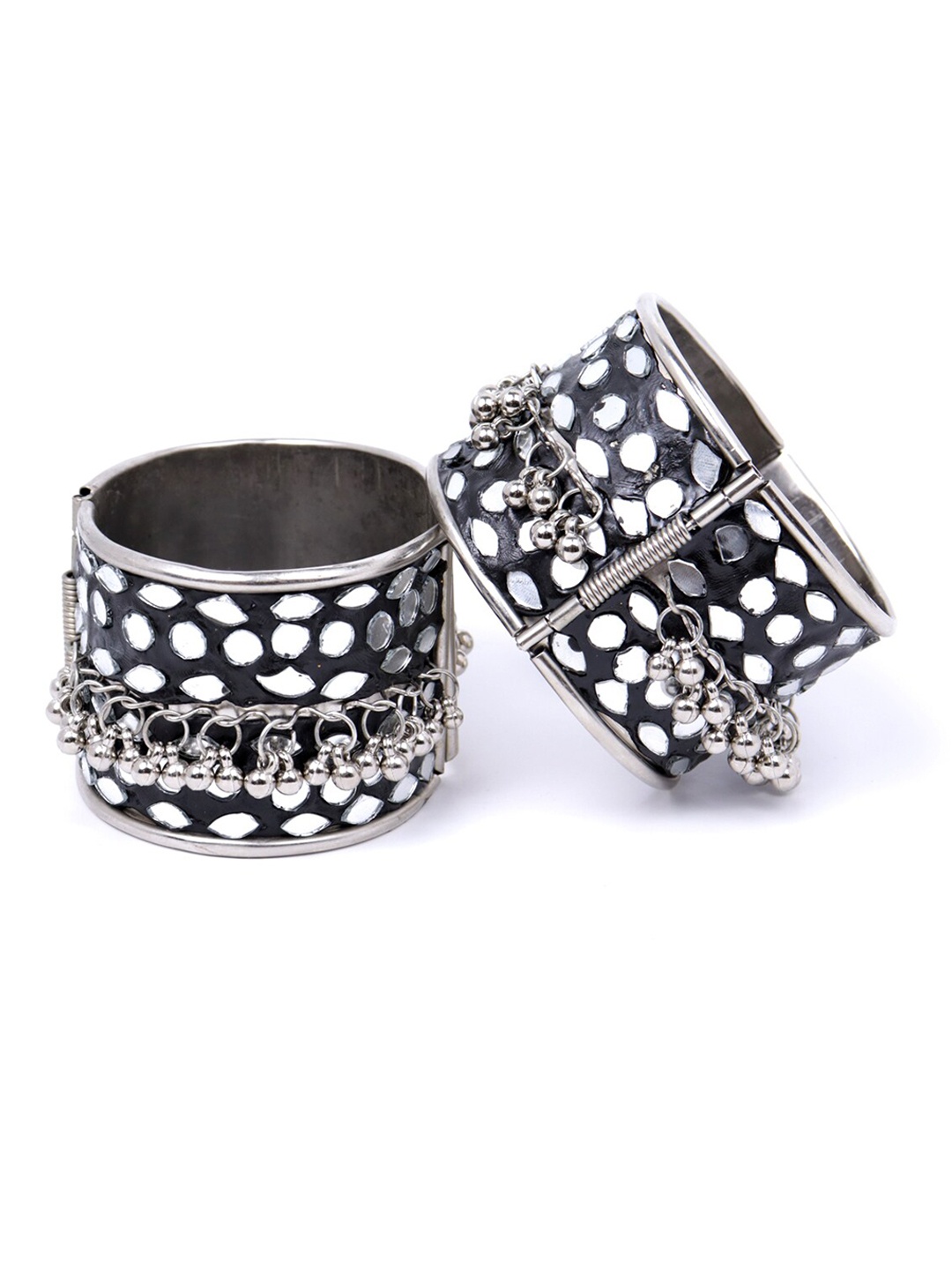 

VAGHBHATT Set Of 2 Silver-Plated Mirror Work Oxidised Cuff Bracelets, Black