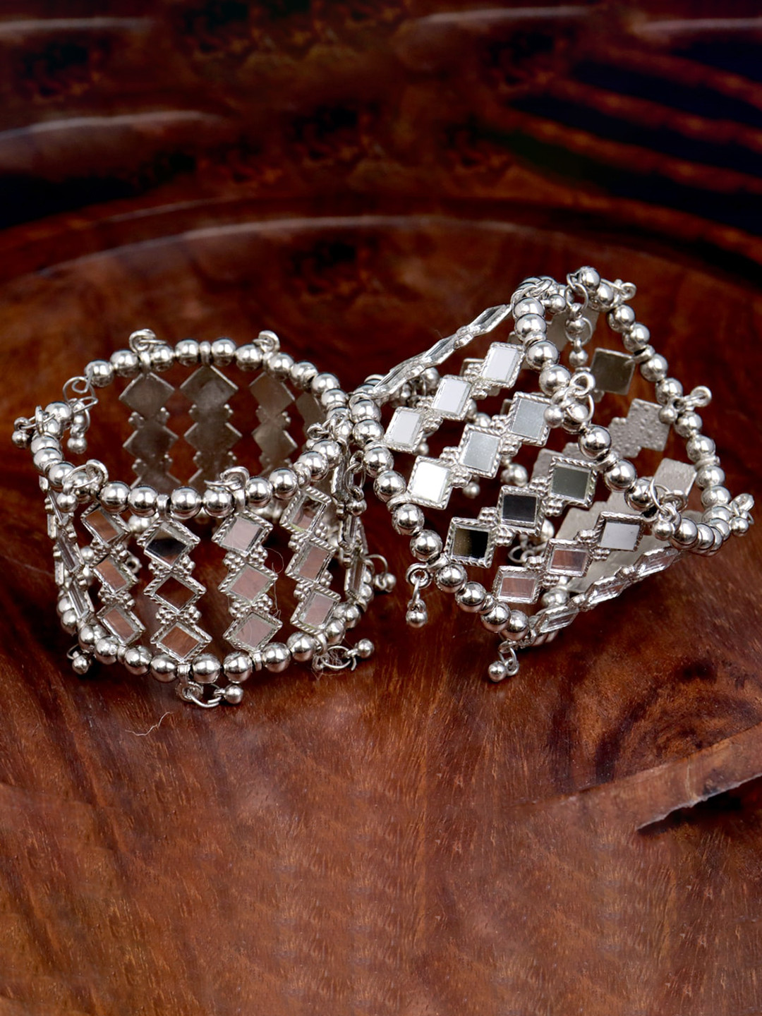 

VAGHBHATT 2 Pcs Oxidised Beaded Cuff Bangles, Silver