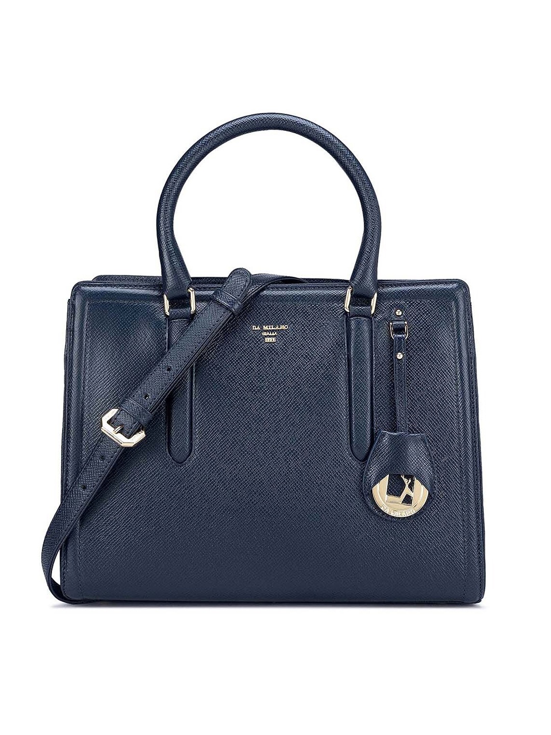 

Da Milano Textured Leather Oversized Structured Handheld Bag, Navy blue