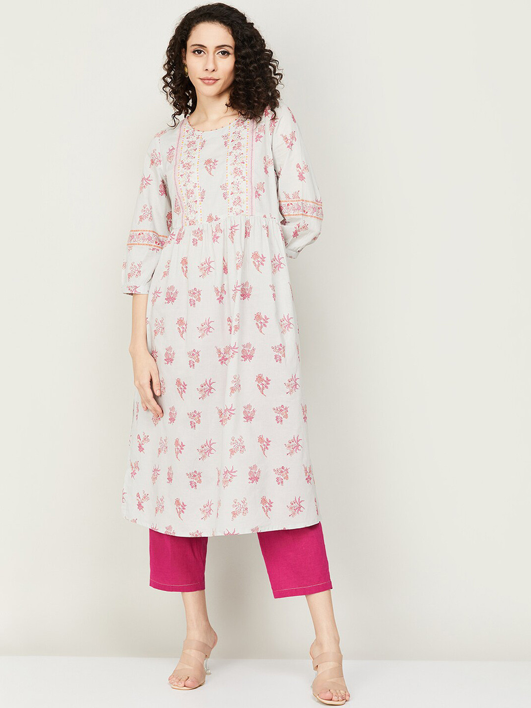 

Melange by Lifestyle Floral Printed Thread Work Cotton Kurta, Off white