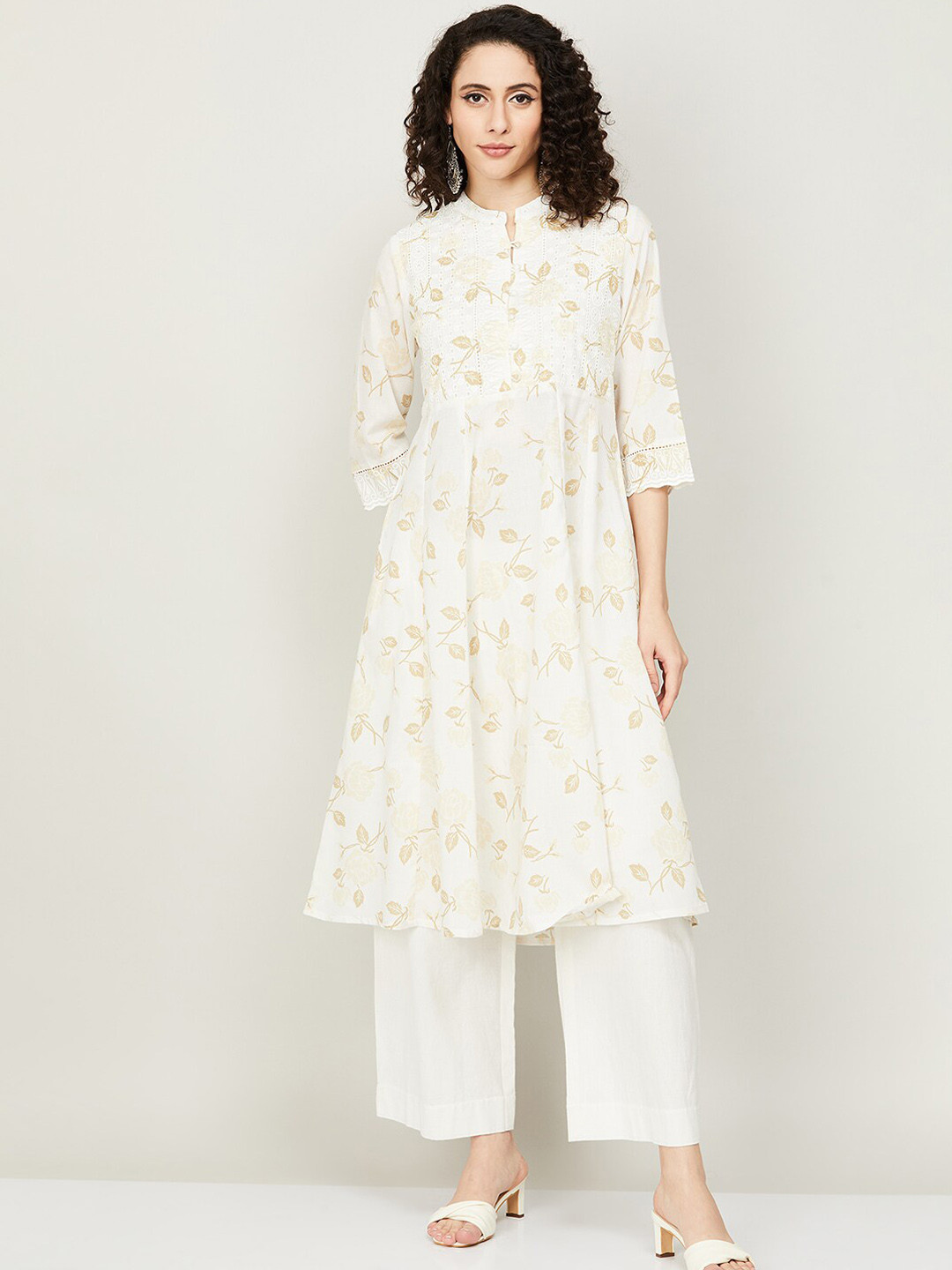 

Melange by Lifestyle Band Collar Floral Printed Thread Work Kurta, White
