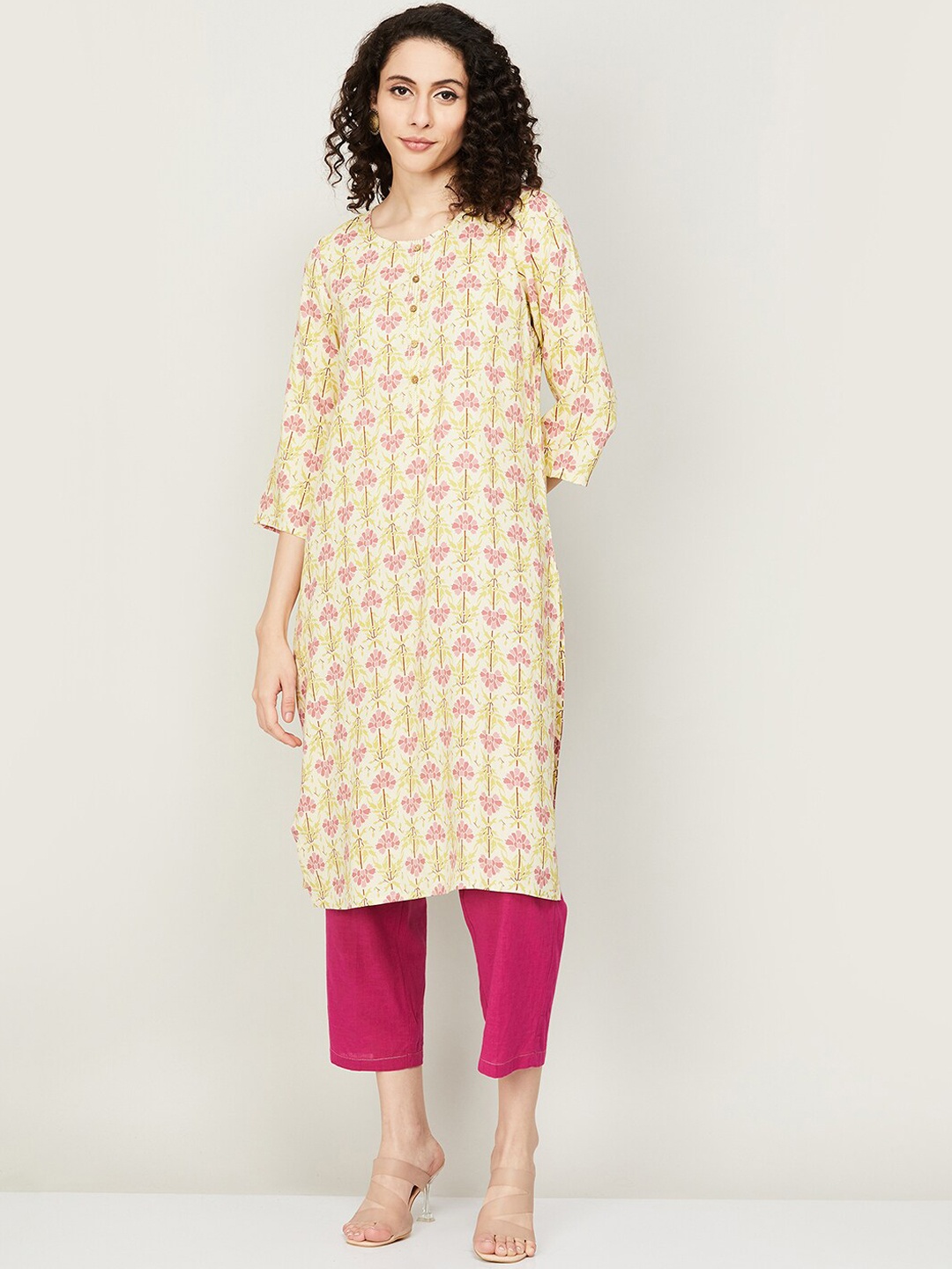 

Melange by Lifestyle Floral Printed Thread Work Kurta, Beige