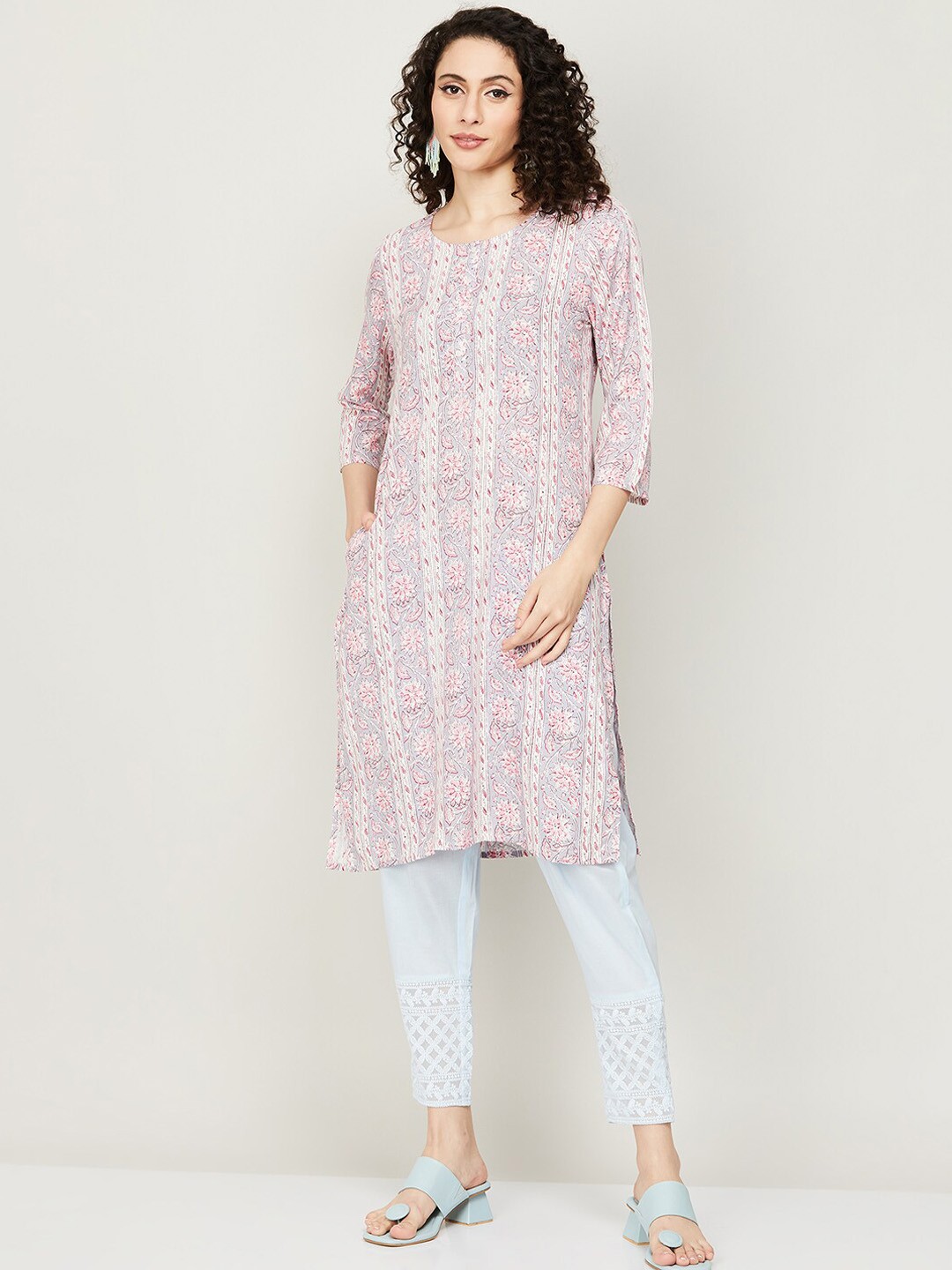 

Melange by Lifestyle Floral Printed Thread Work Kurta, Grey