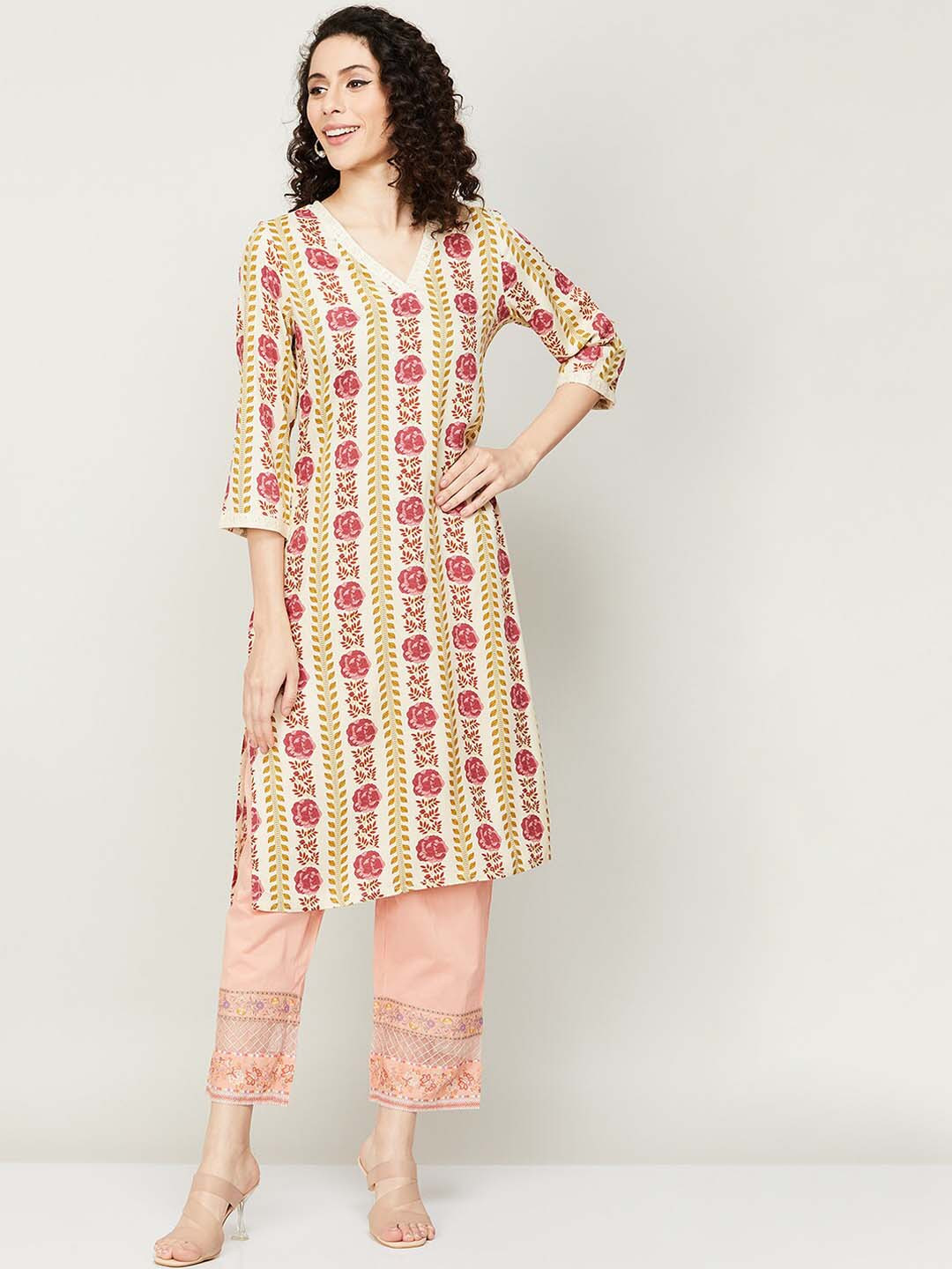

Melange by Lifestyle Floral Printed V-Neck Kurta, Beige