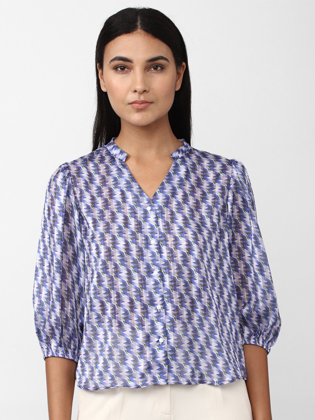 

Van Heusen Woman Geometric Printed Mandarin Collar Shirt Style Top, Blue