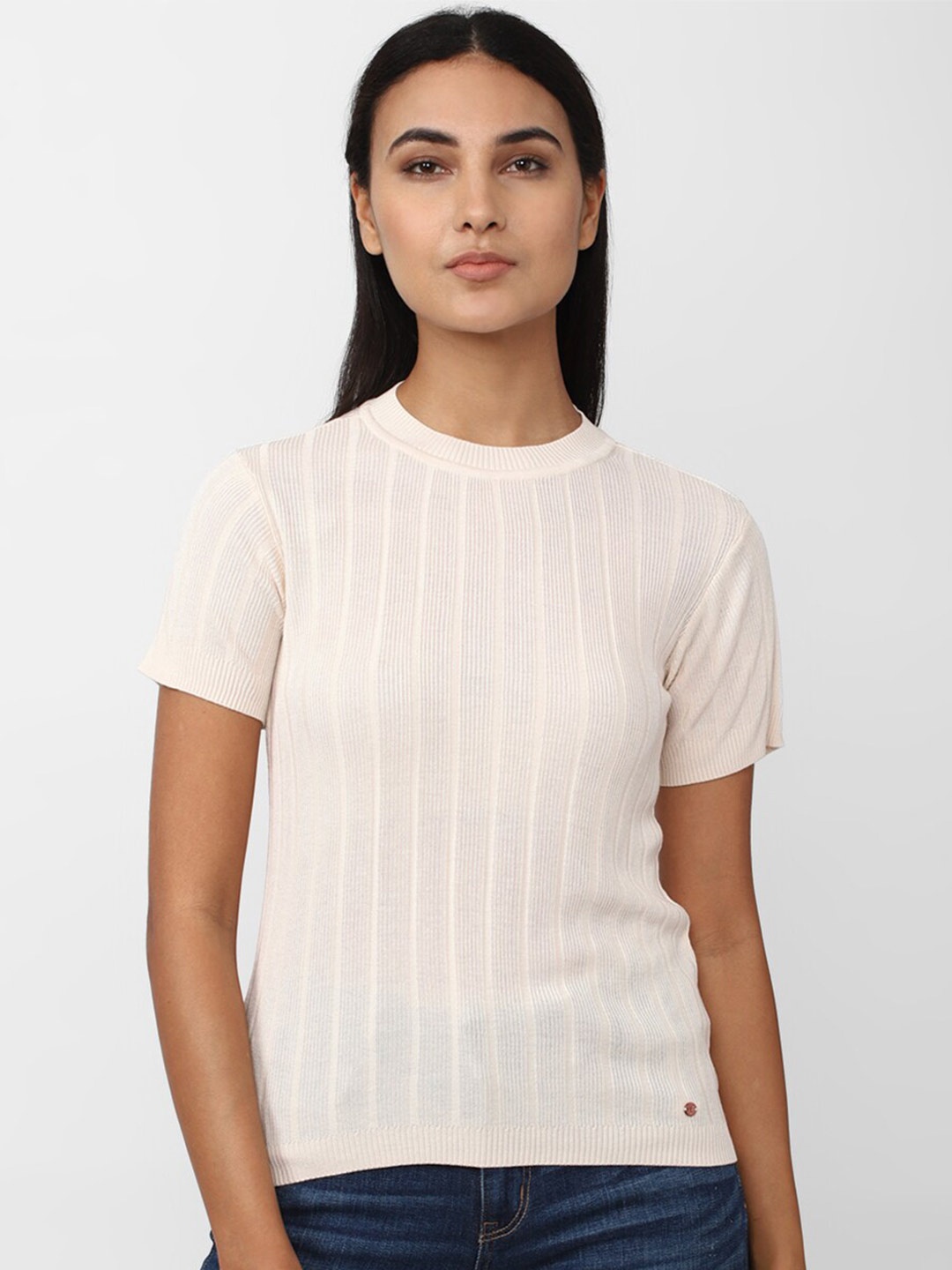 

Van Heusen Woman Round Neck Self Design Cotton Top, Cream