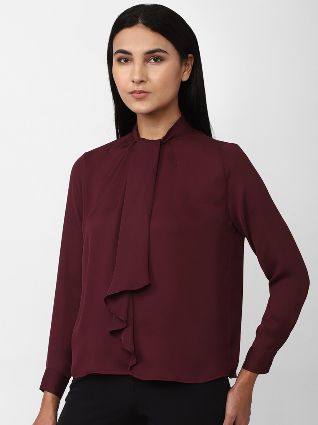 

Van Heusen Woman Mandarin Collar Cuffed Sleeves Top, Maroon