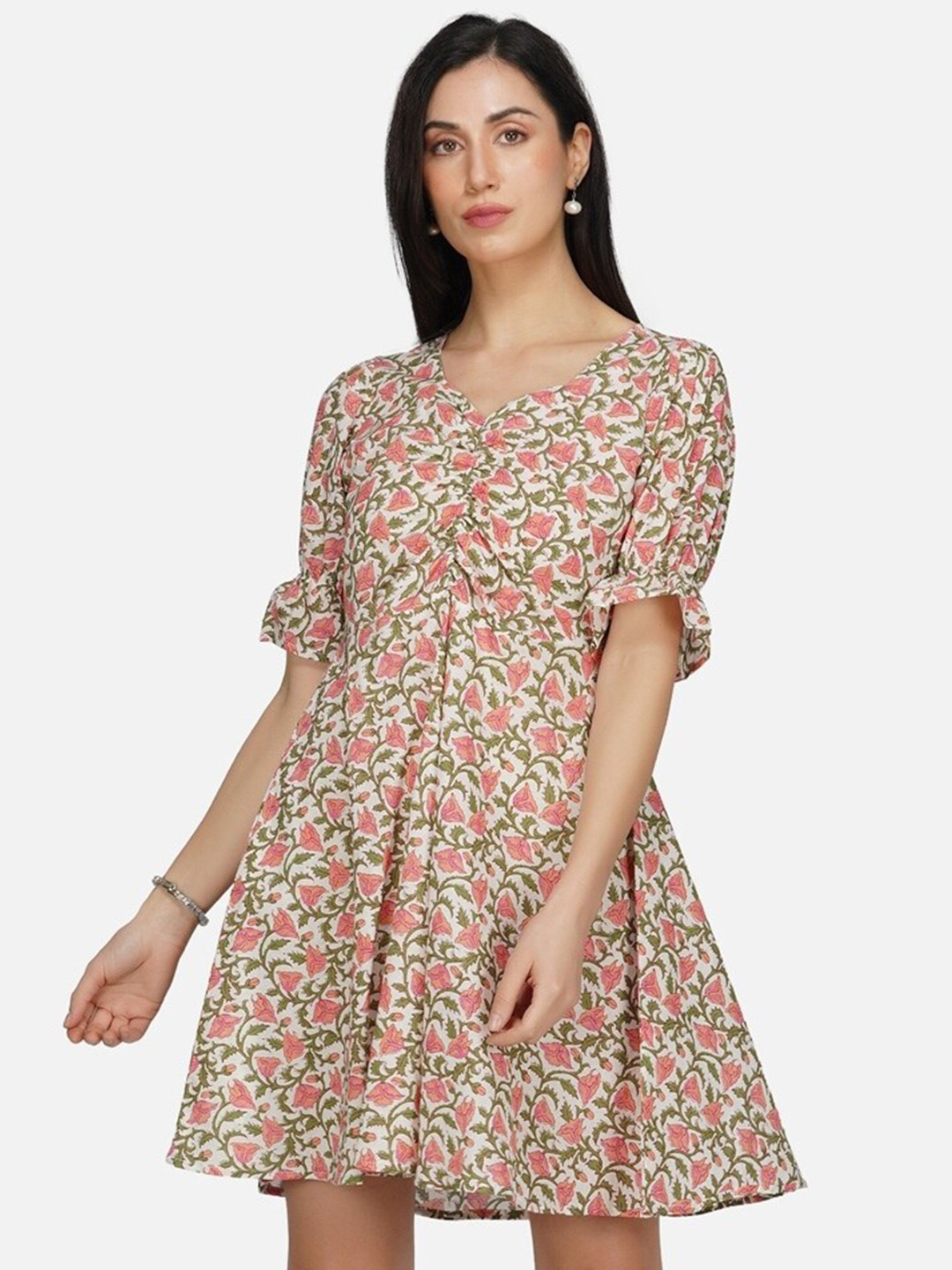 

METRO-FASHION Floral Printed Ruched Cotton Mini A-Line Dress, Beige