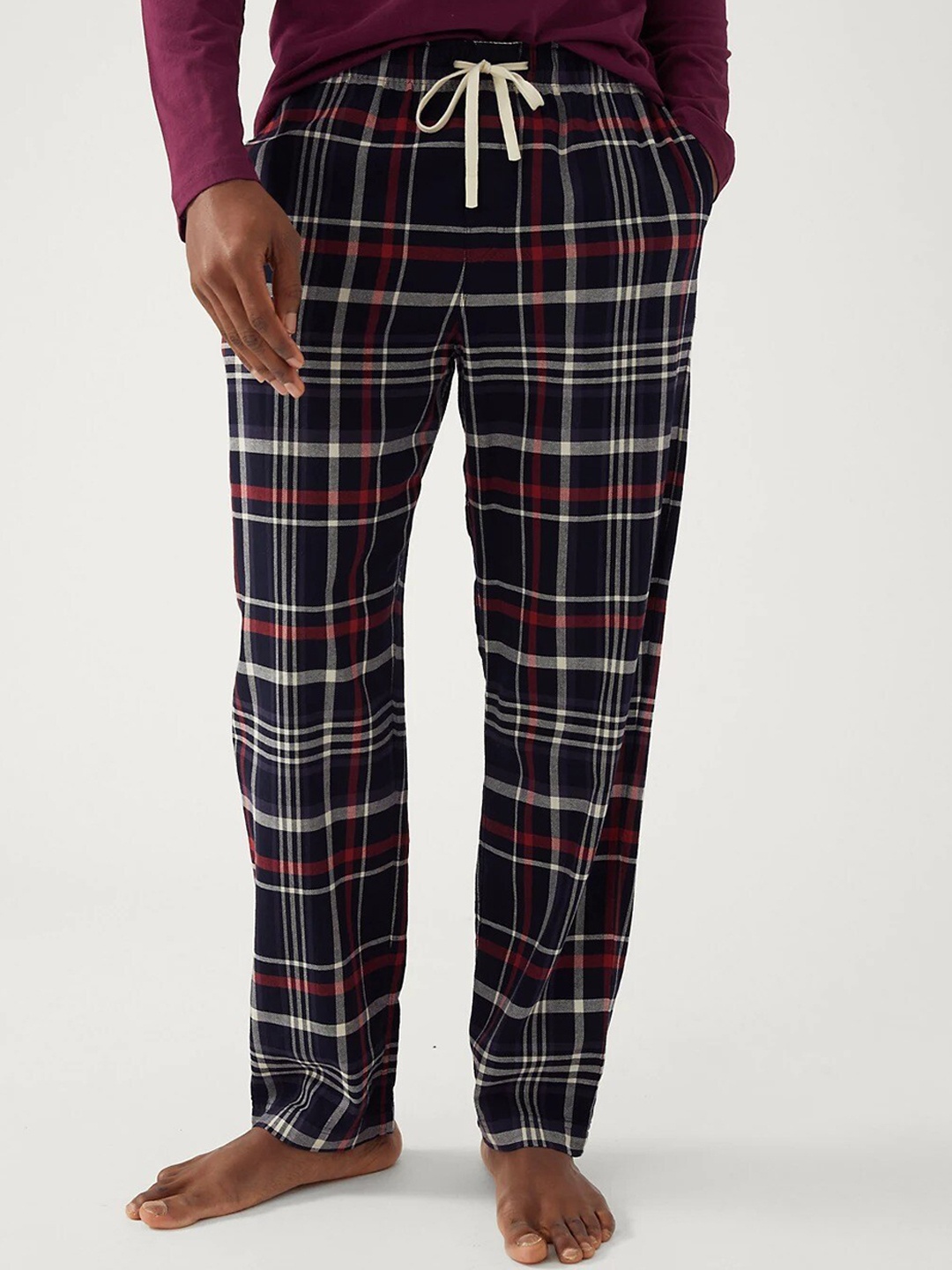 

Marks & Spencer Men Checked Straight Pure Cotton Lounge Pants, Navy blue