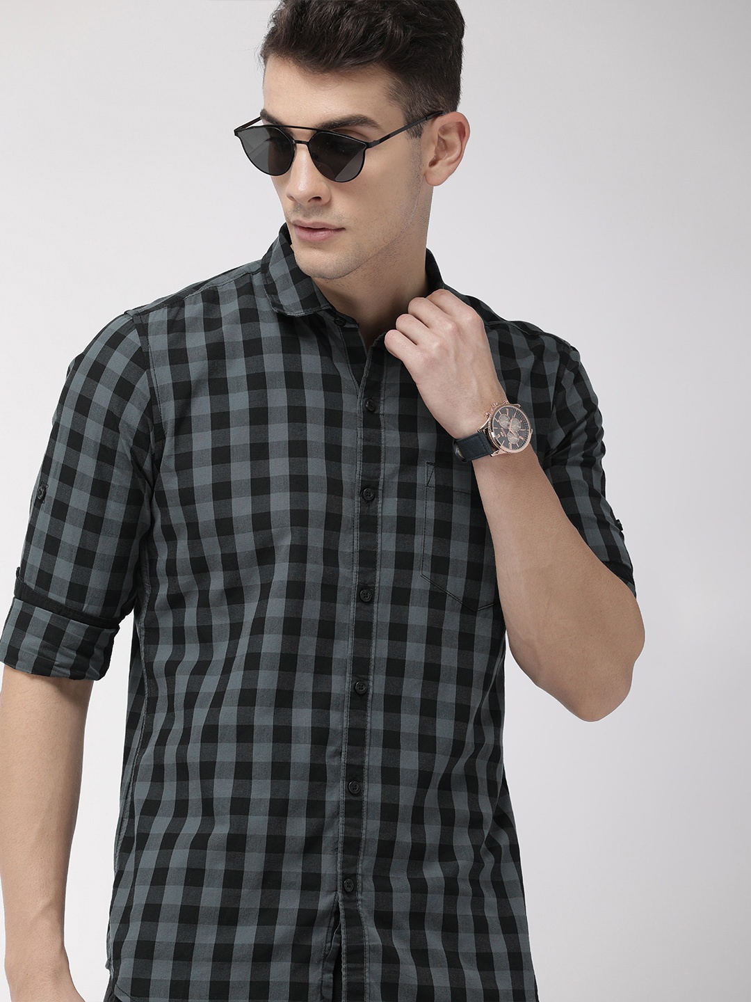 

HIGHLANDER Men Grey & Black Slim Fit Checked Casual Shirt