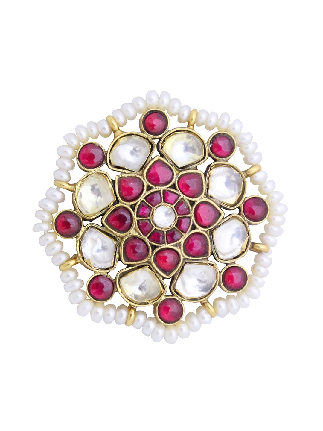 

ahilya 92.5 Sterling Silver Gold-Plated Stone-Studded Beaded Adjustable Finger Ring, Pink