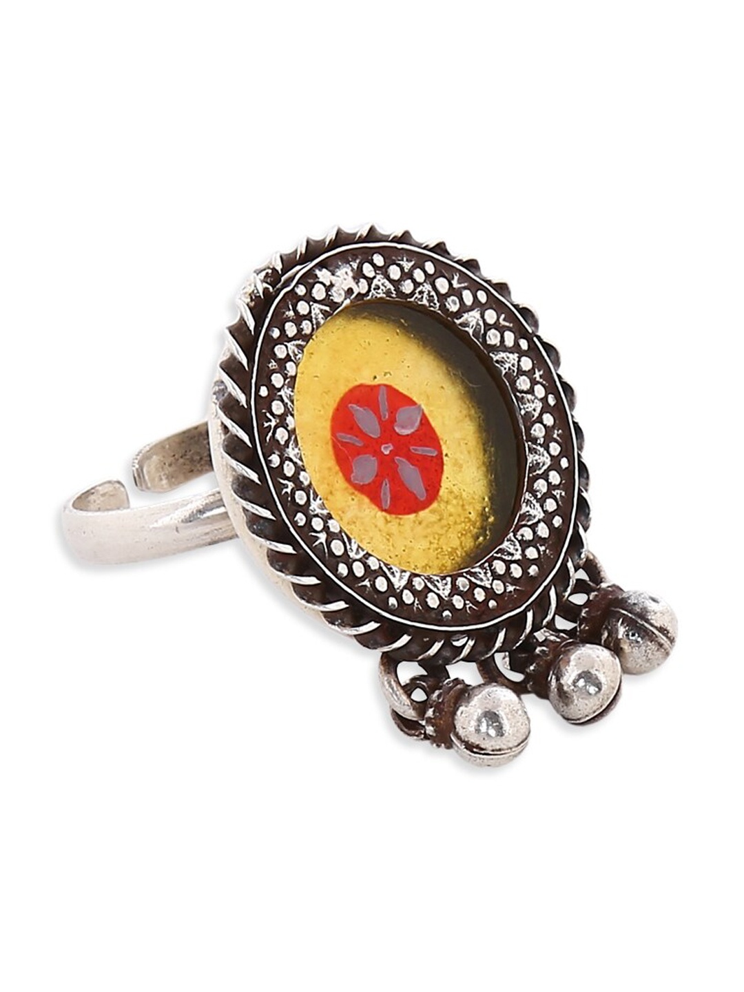 

ahilya 92.5 Sterling Silver Painted Tribal Silver-Plated Adjustable Finger Ring, Yellow
