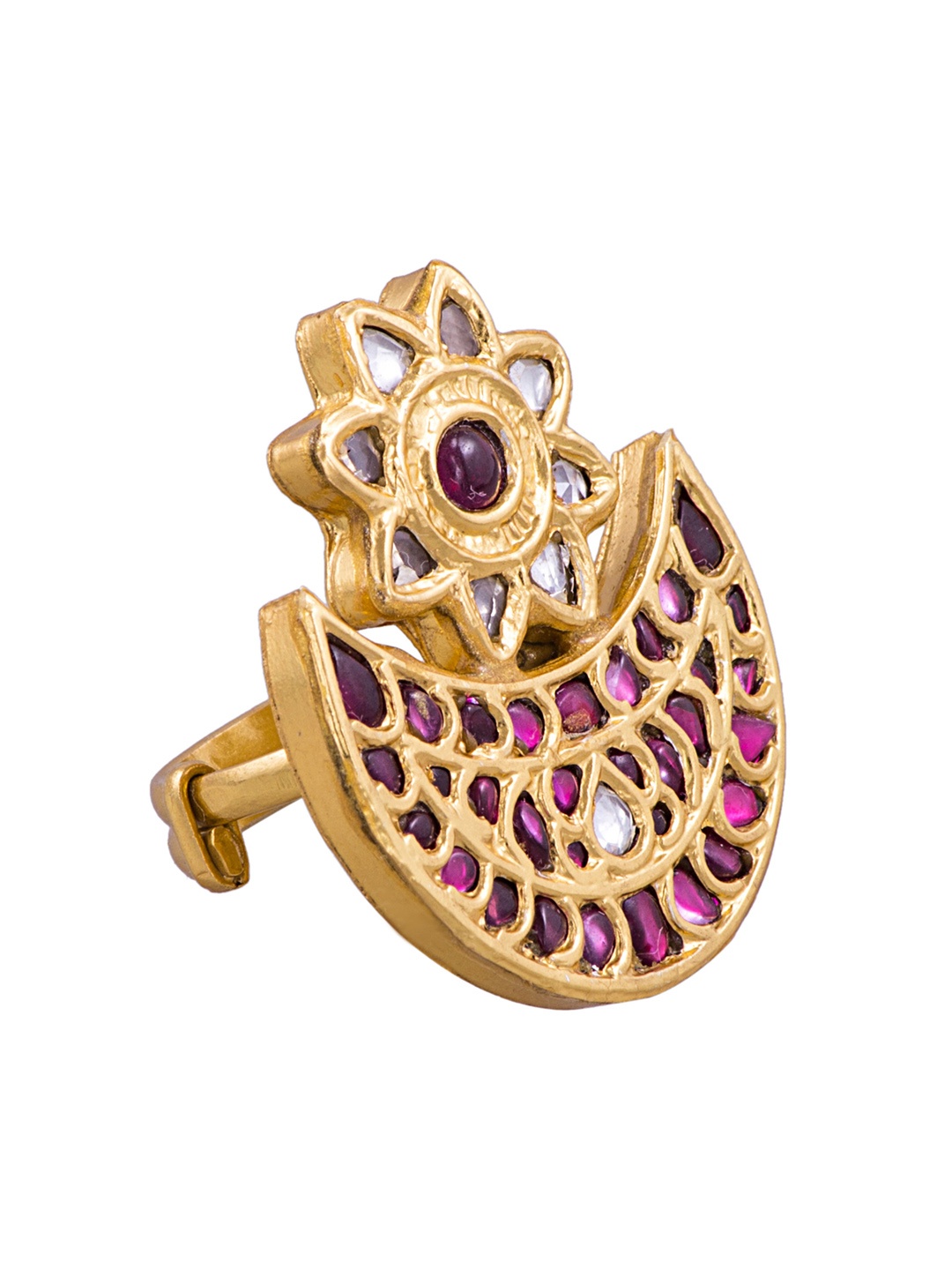 

ahilya 92.5 Sterling Silver Gold-Plated Stone-Studded Adjustable Finger Ring, Red