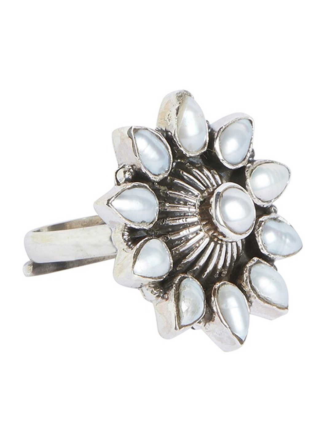 

ahilya 92.5 Sterling Silver Silver-Plated Pearl Beaded Adjustable Finger Ring