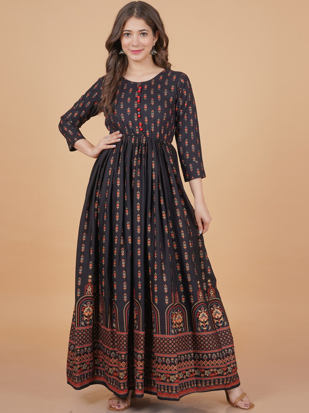 

DRESSAR Floral Printed Anarkali Kurta, Black