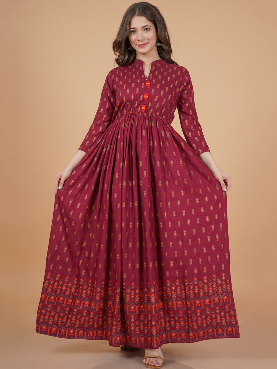 DRESSAR Ethnic Motifs Foil Printed Anarkali Kurta, Maroon