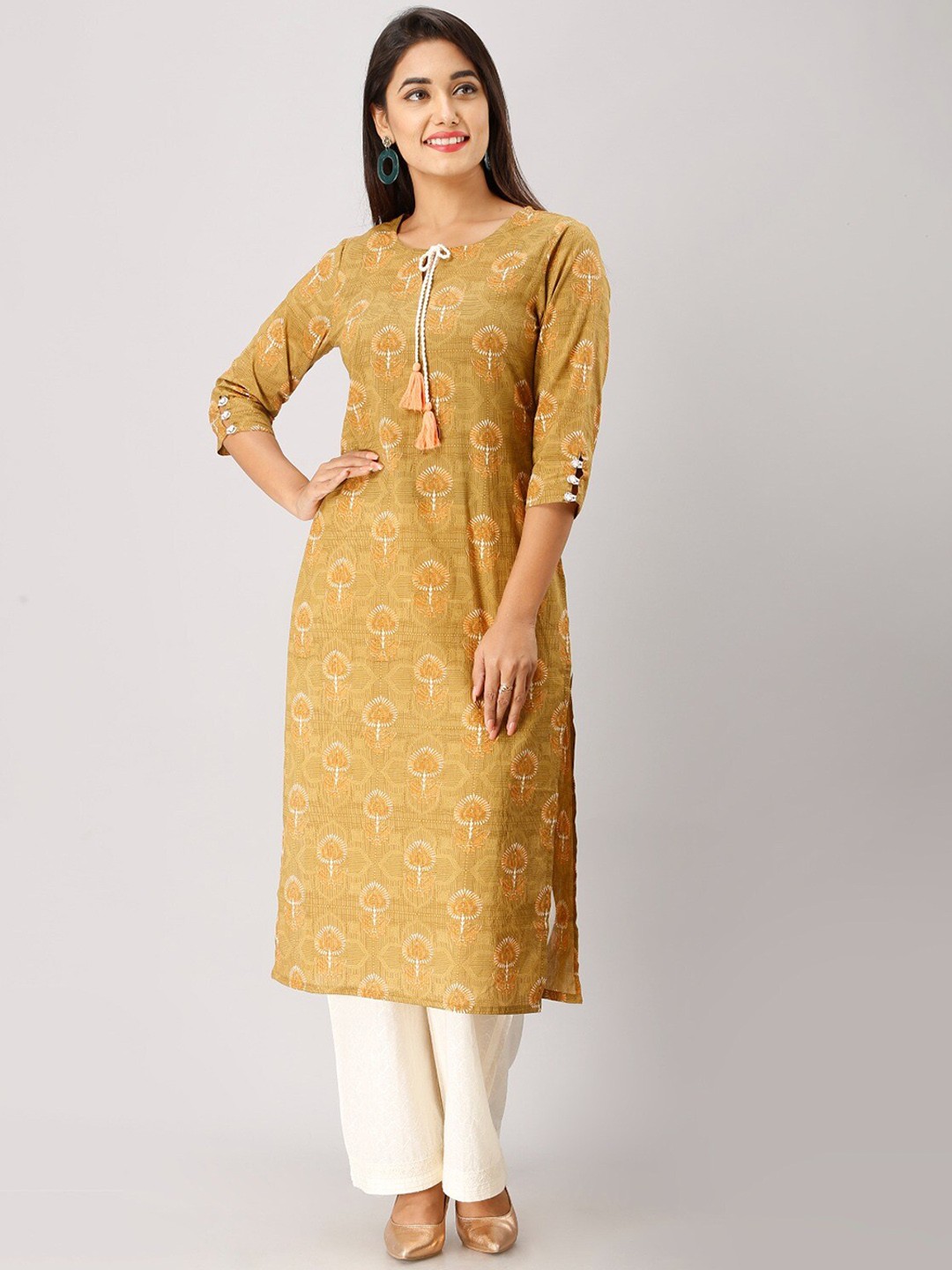 

FABRIC FITOOR Ethnic Motifs Printed Tie Up Neck Pure Cotton Kurta, Green